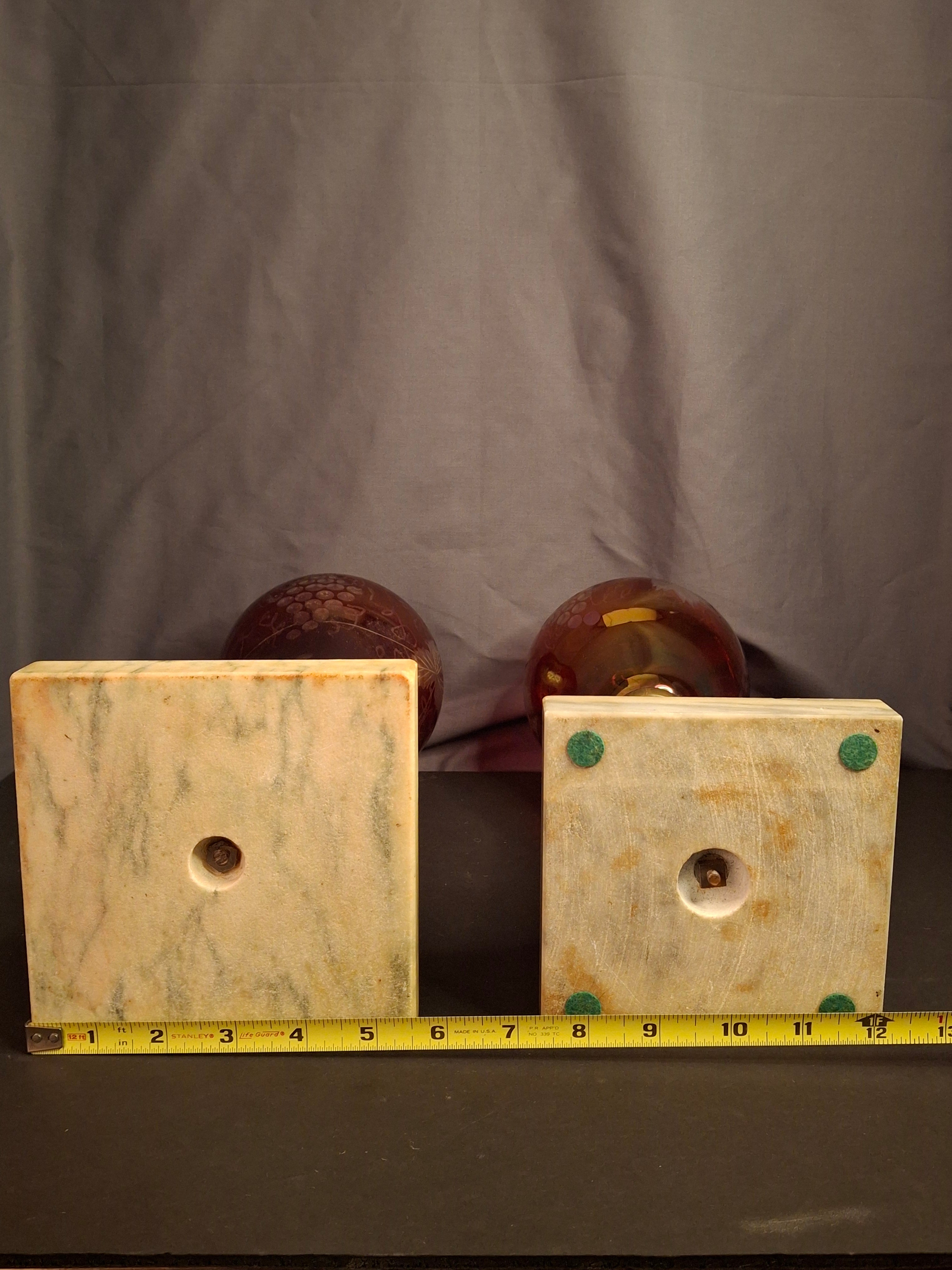 Pair Antique Victorian Cranberry Cut To Clear Whale Oil Lamps Brass Thuro 1850s