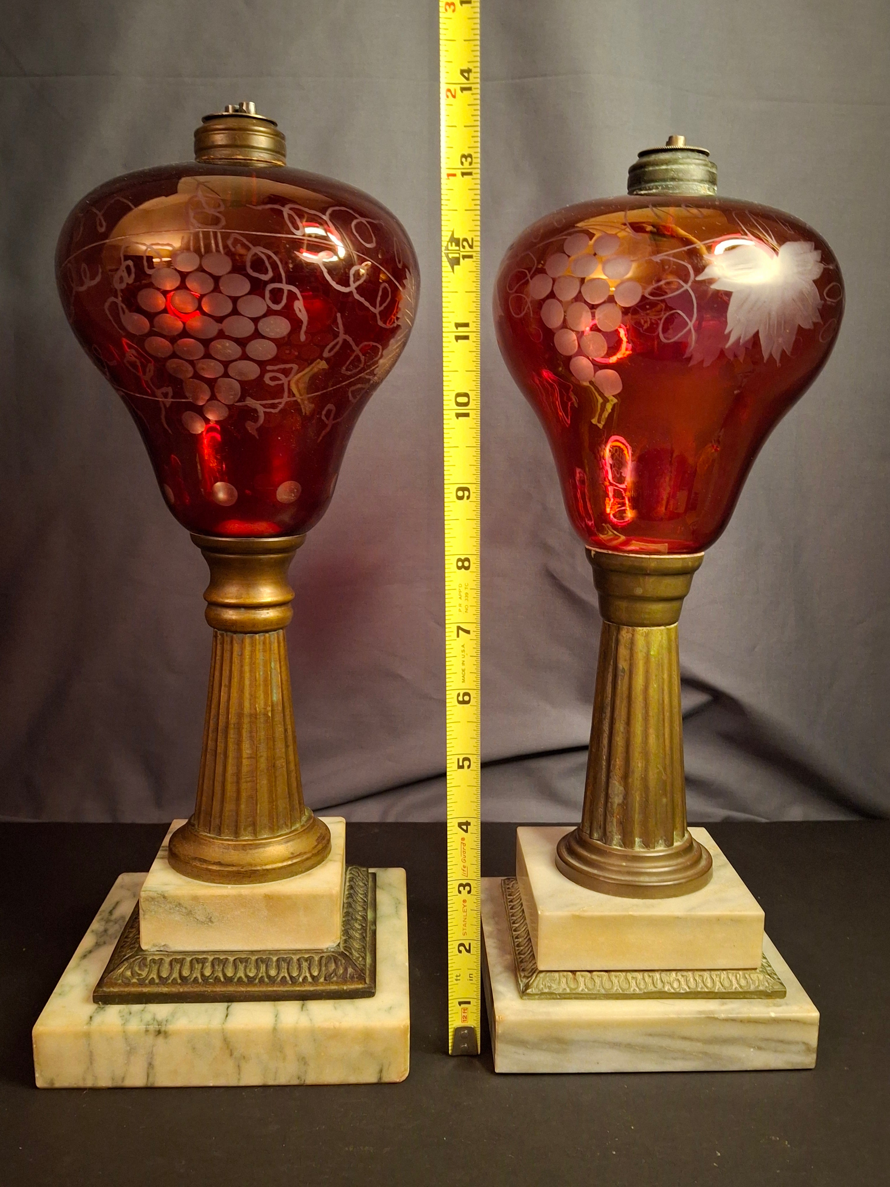 Pair Antique Victorian Cranberry Cut To Clear Whale Oil Lamps Brass Thuro 1850s