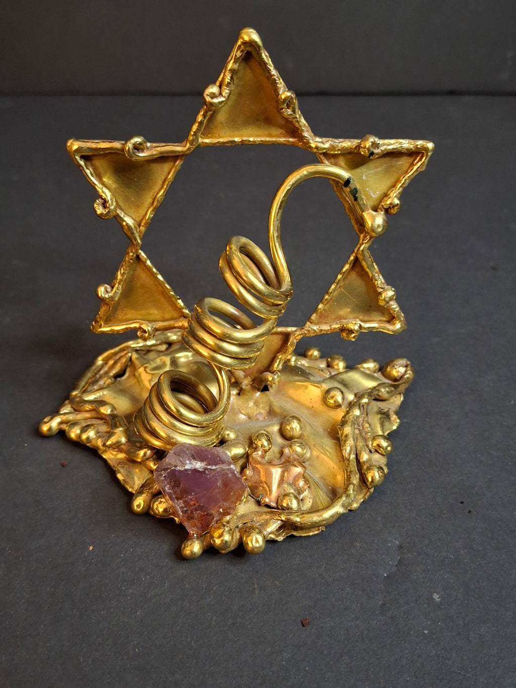 Vintage 1970s Copa Brazil Collection Brutalist Star of David Brass & Amethyst Sculpture
