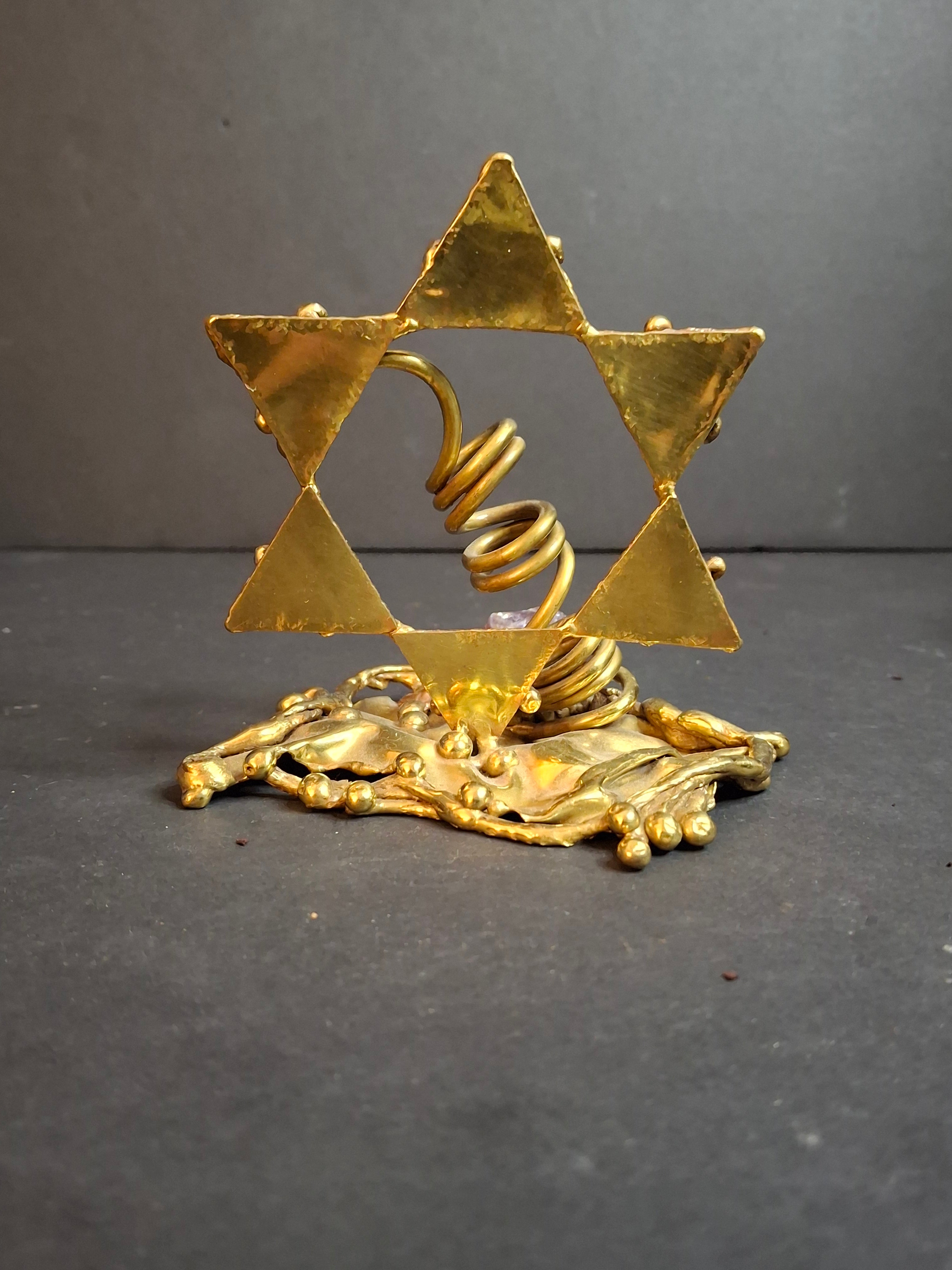 Vintage 1970s Copa Brazil Collection Brutalist Star of David Brass & Amethyst Sculpture