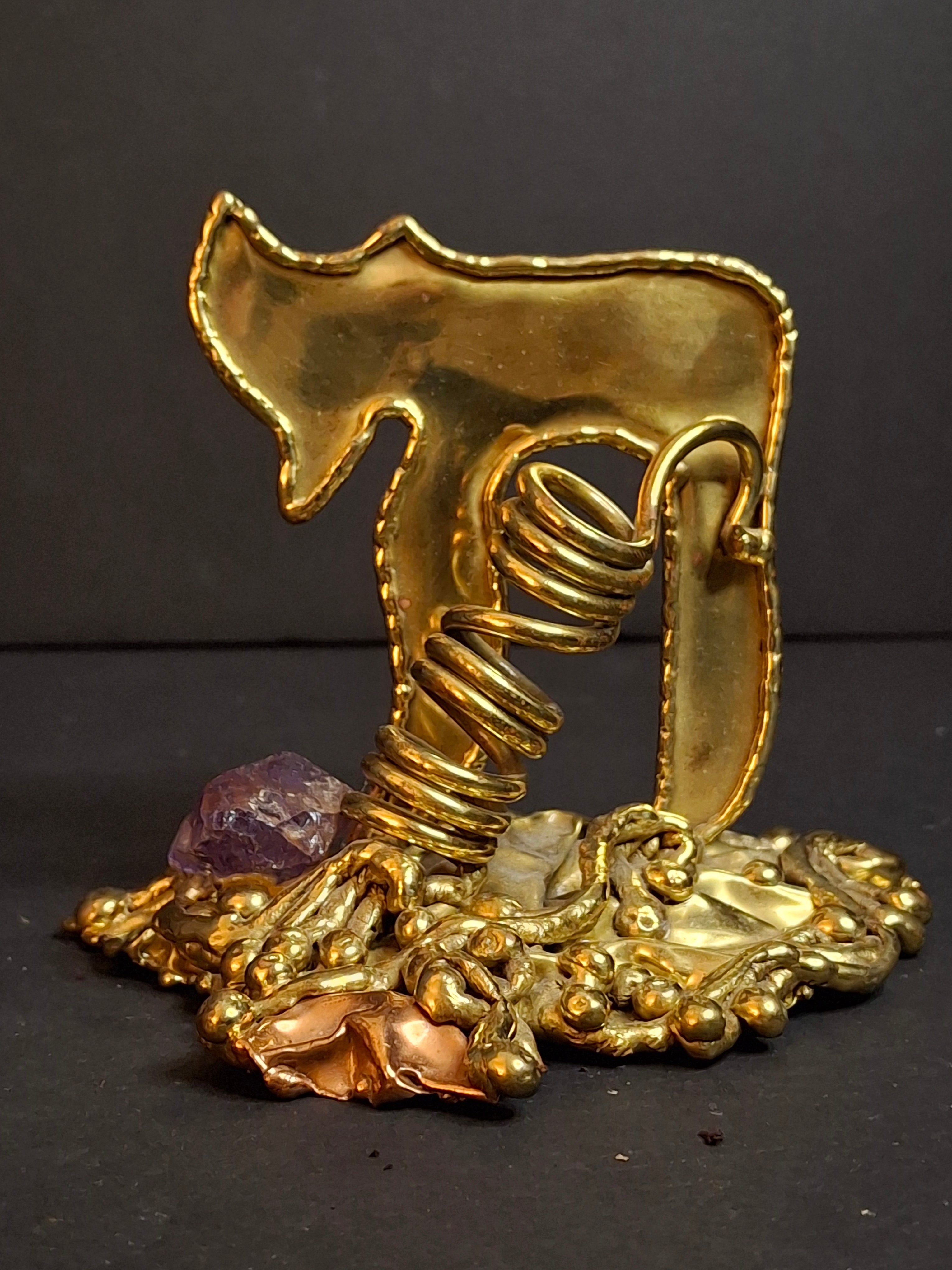 Vintage 1970s Copa Collection Brazil Brutalist Hebrew Chai Brass & Amethyst Judaica Sculpture