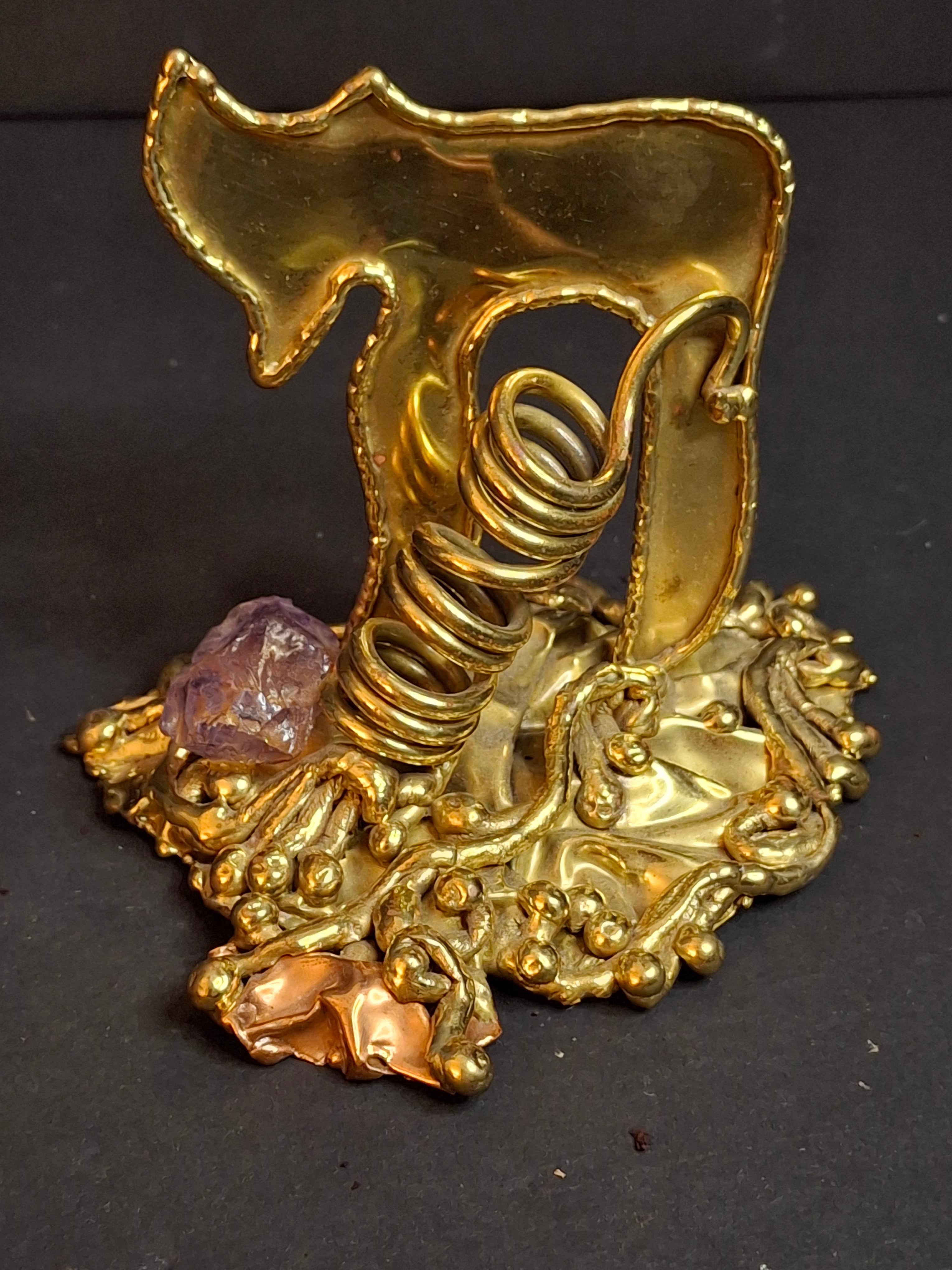 Vintage 1970s Copa Collection Brazil Brutalist Hebrew Chai Brass & Amethyst Judaica Sculpture