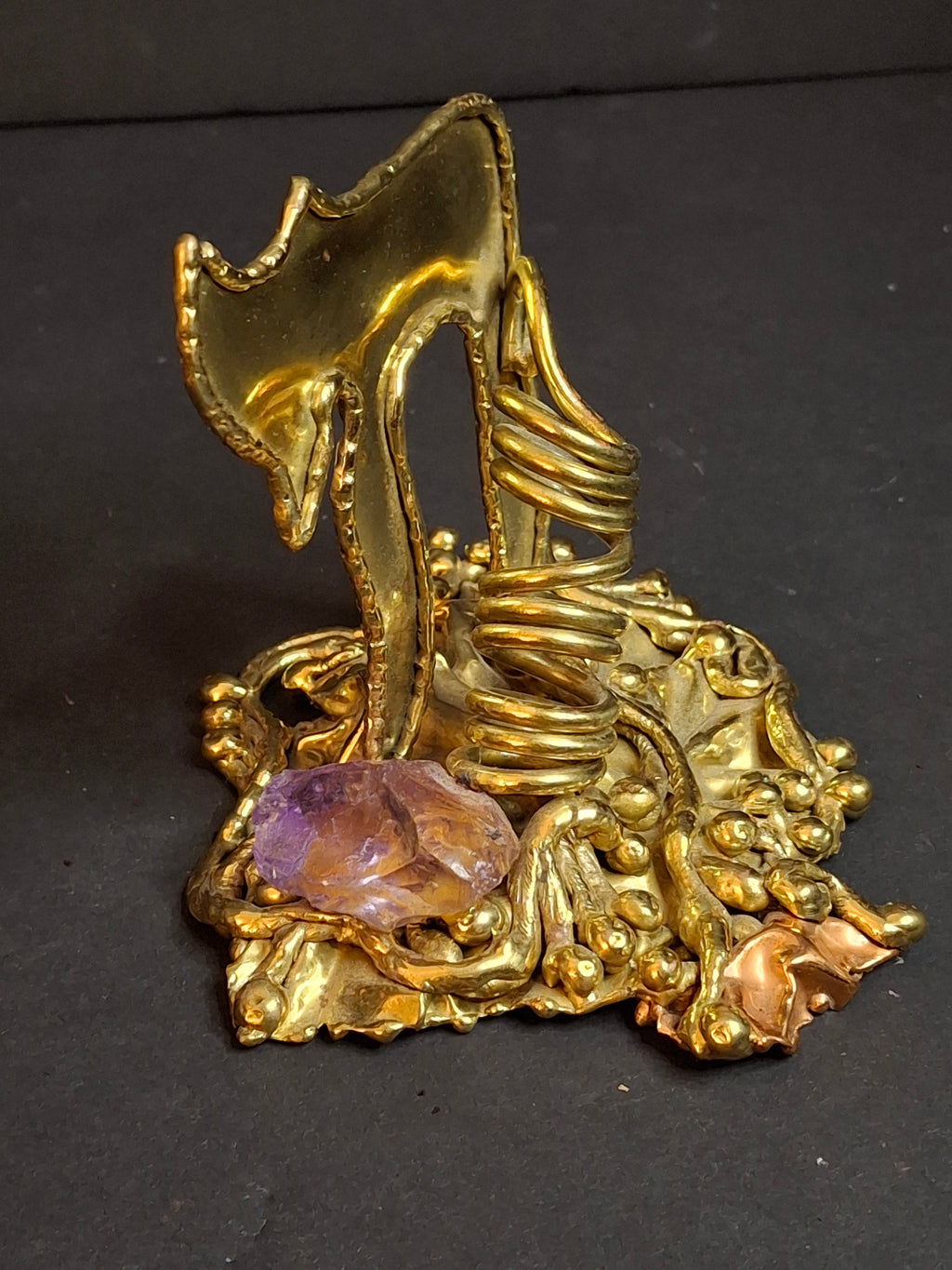 Vintage 1970s Copa Collection Brazil Brutalist Hebrew Chai Brass & Amethyst Judaica Sculpture