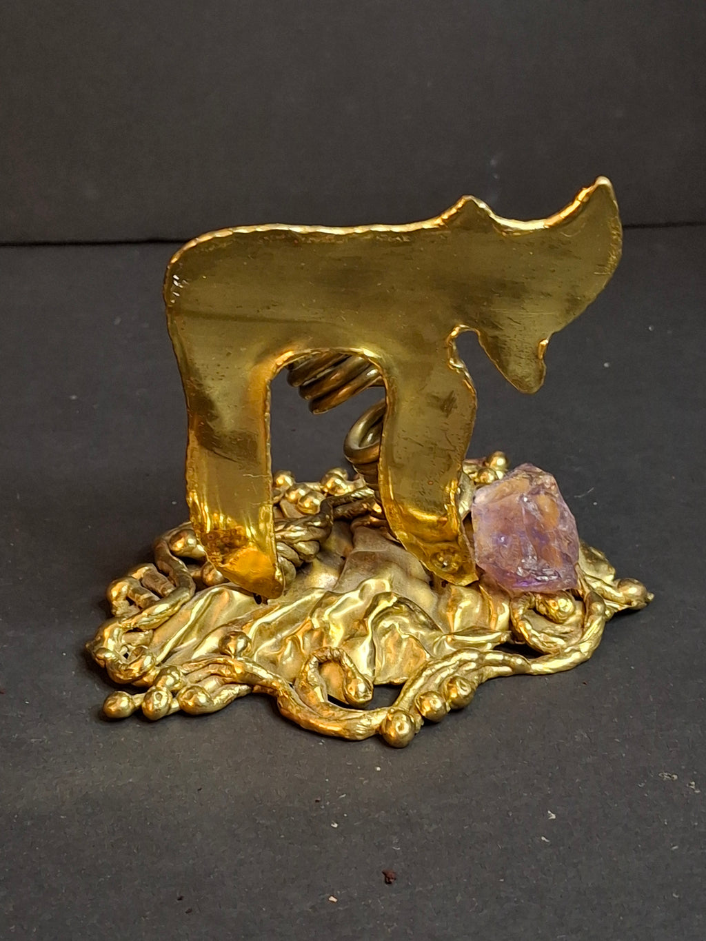 Vintage 1970s Copa Collection Brazil Brutalist Hebrew Chai Brass & Amethyst Judaica Sculpture