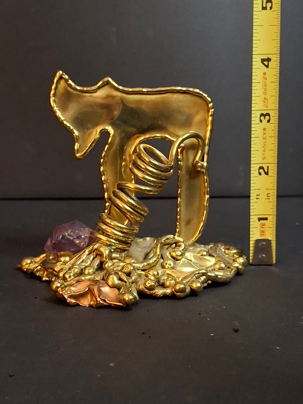 Vintage 1970s Copa Collection Brazil Brutalist Hebrew Chai Brass & Amethyst Judaica Sculpture