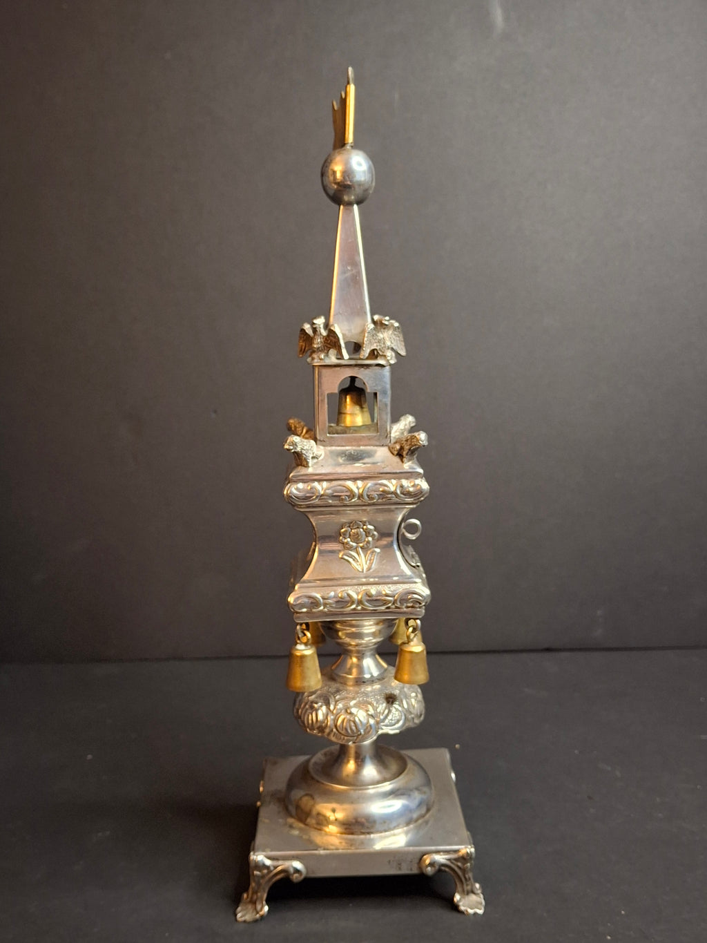 Vintage Dugma Israel Silver Plated Havdalah Spice Tower Besamim Box Bells 11"