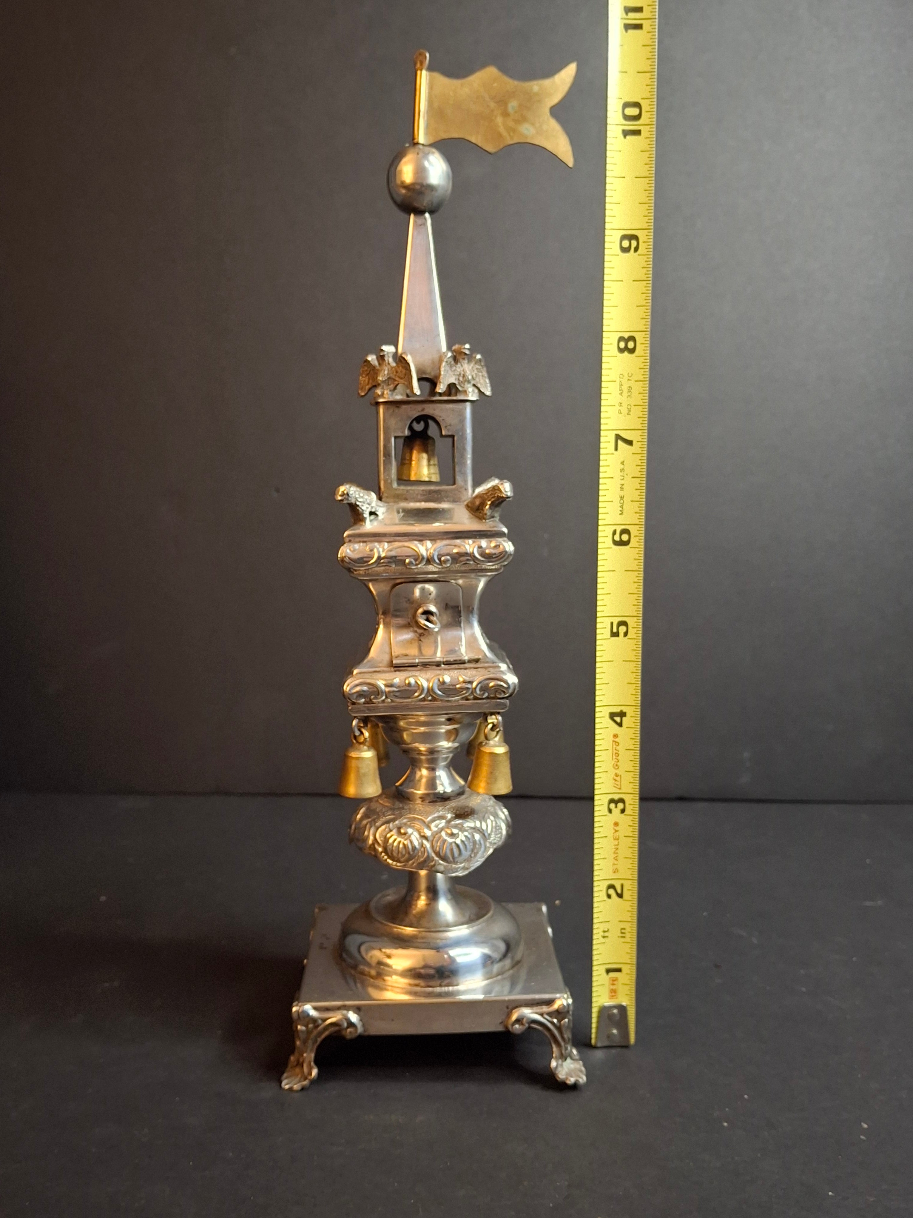 Vintage Dugma Israel Silver Plated Havdalah Spice Tower Besamim Box Bells 11"