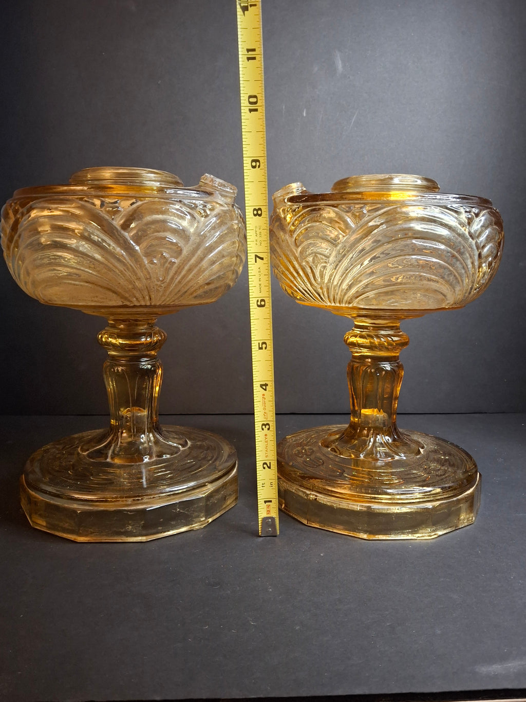 Pair Vintage Amber Aladdin Model B-55 Washington Drape Glass Kerosene Oil Lamp Bases