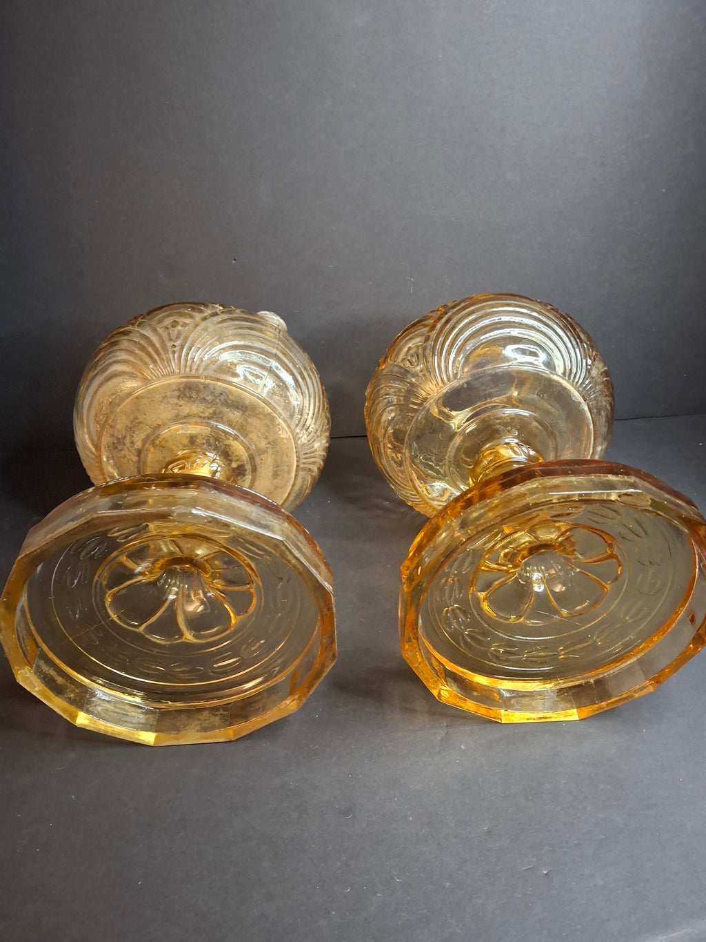 Pair Vintage Amber Aladdin Model B-55 Washington Drape Glass Kerosene Oil Lamp Bases