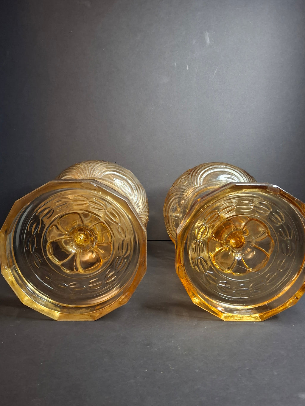 Pair Vintage Amber Aladdin Model B-55 Washington Drape Glass Kerosene Oil Lamp Bases
