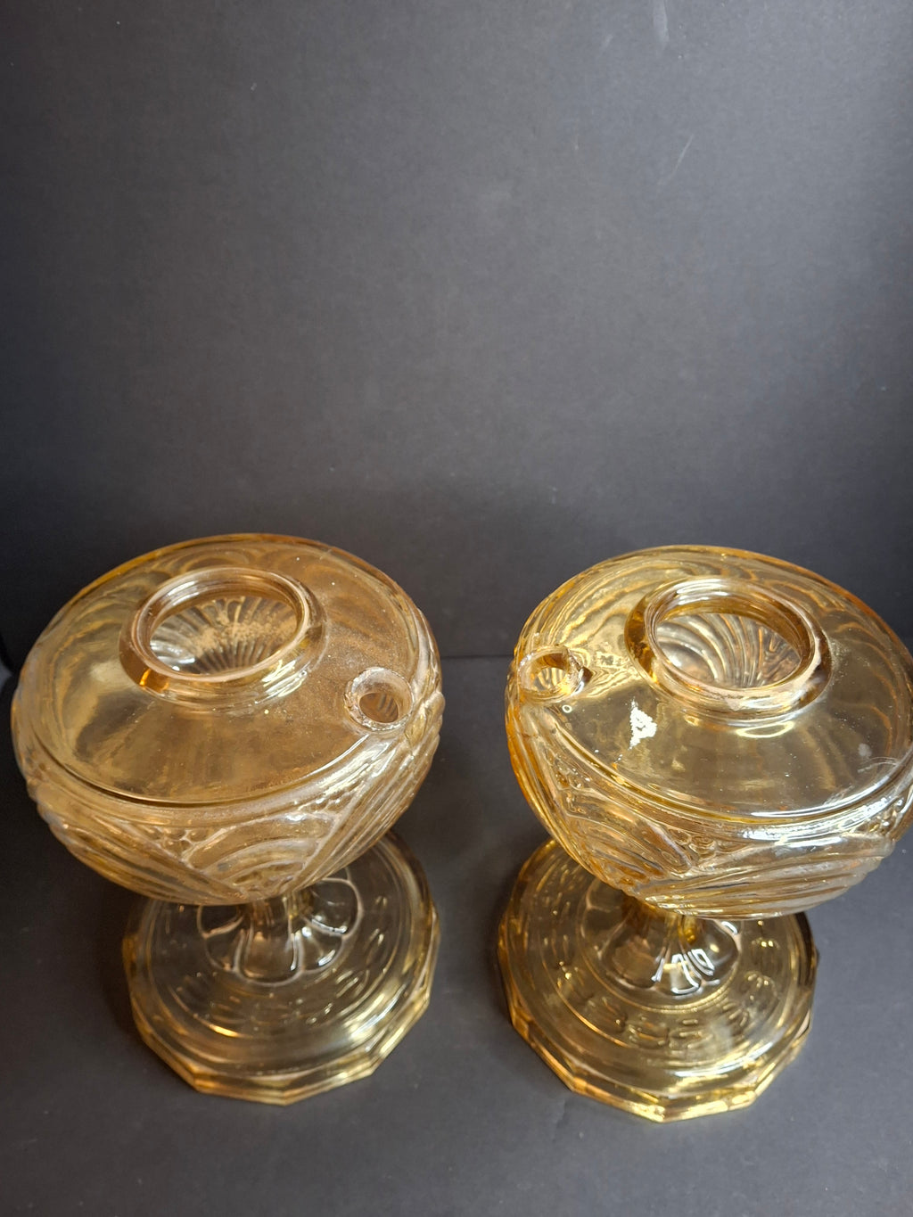 Pair Vintage Amber Aladdin Model B-55 Washington Drape Glass Kerosene Oil Lamp Bases