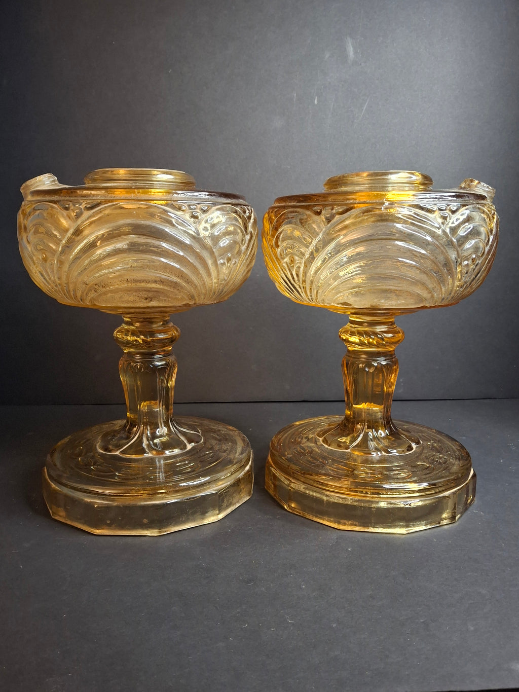 Pair Vintage Amber Aladdin Model B-55 Washington Drape Glass Kerosene Oil Lamp Bases
