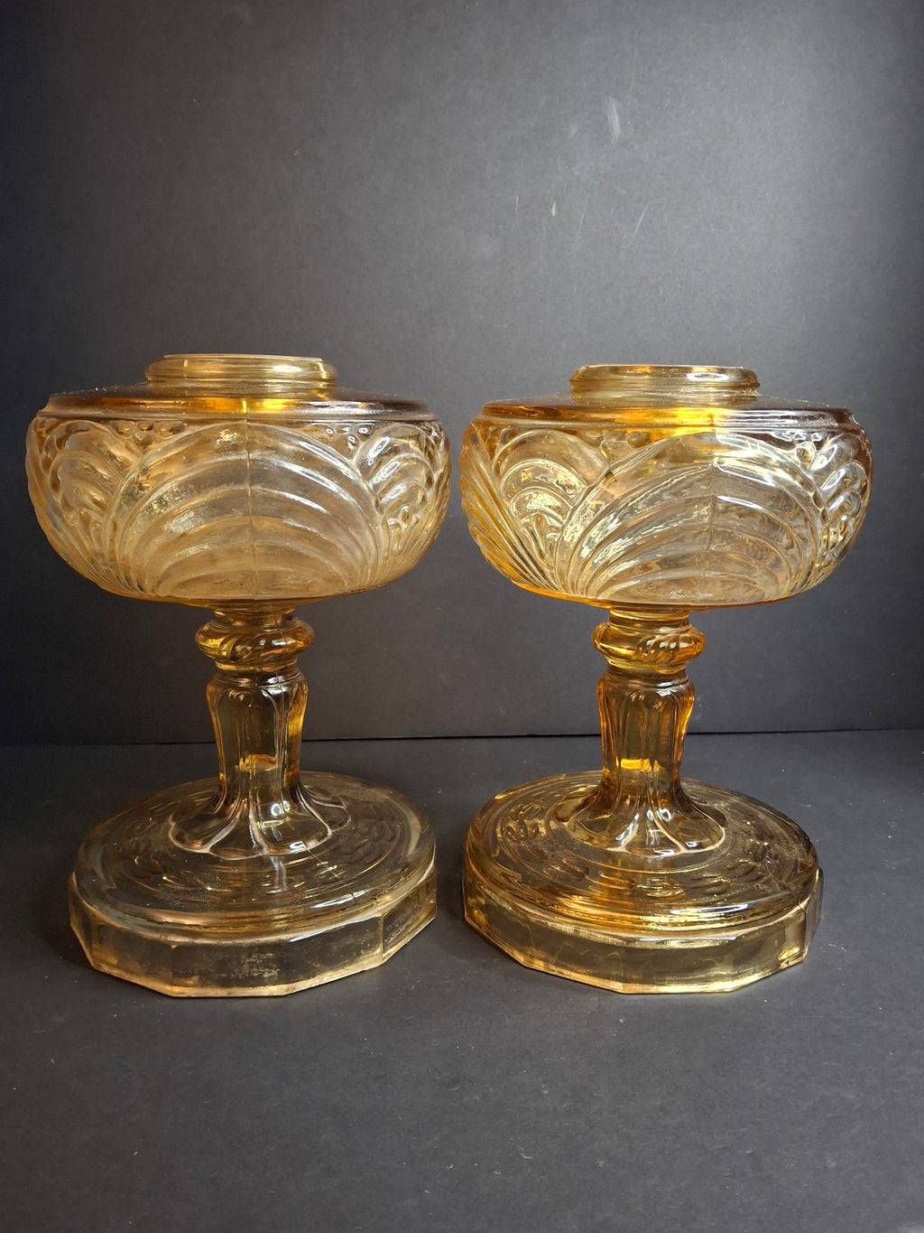Pair Vintage Amber Aladdin Model B-55 Washington Drape Glass Kerosene Oil Lamp Bases