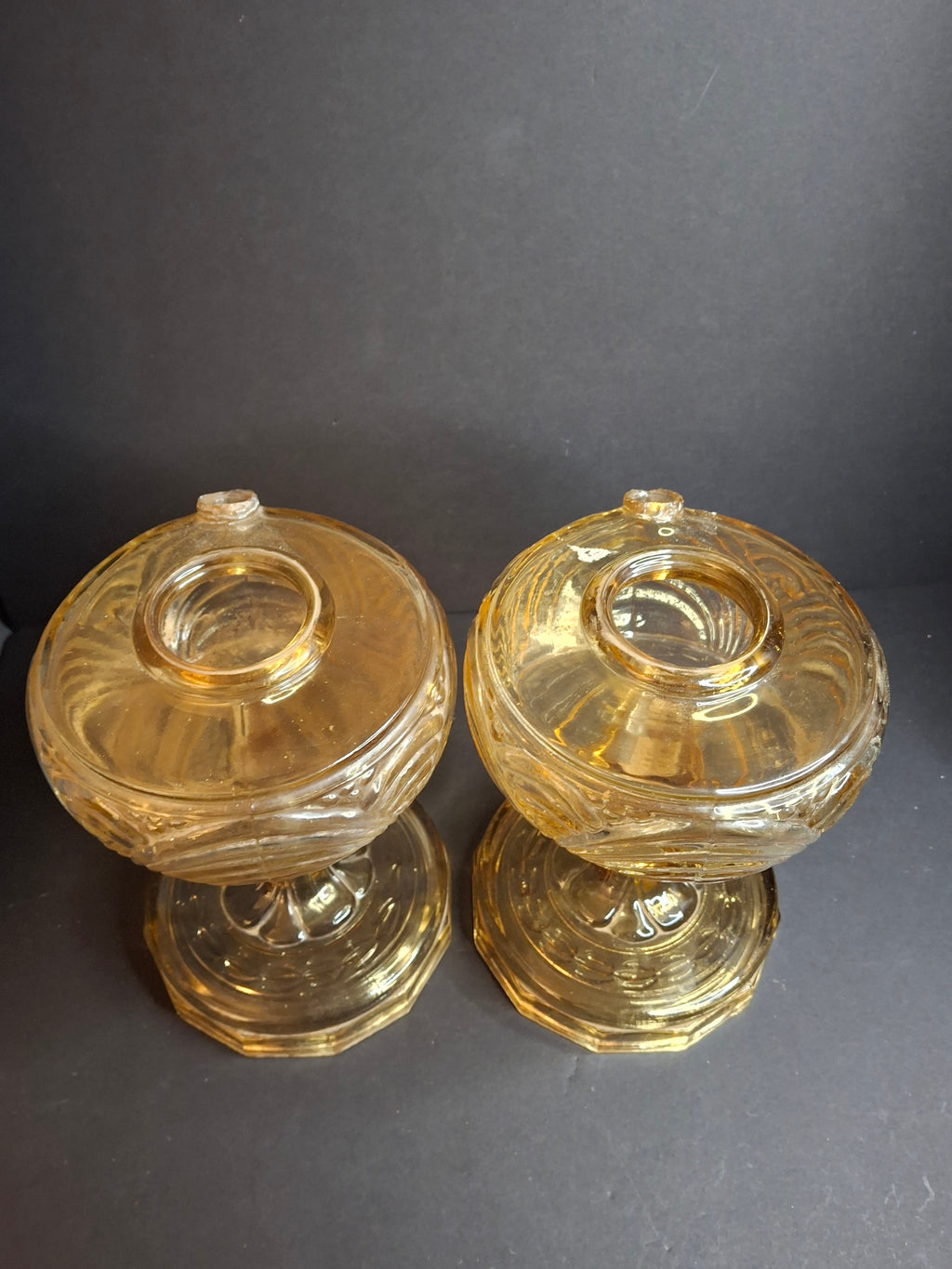 Pair Vintage Amber Aladdin Model B-55 Washington Drape Glass Kerosene Oil Lamp Bases