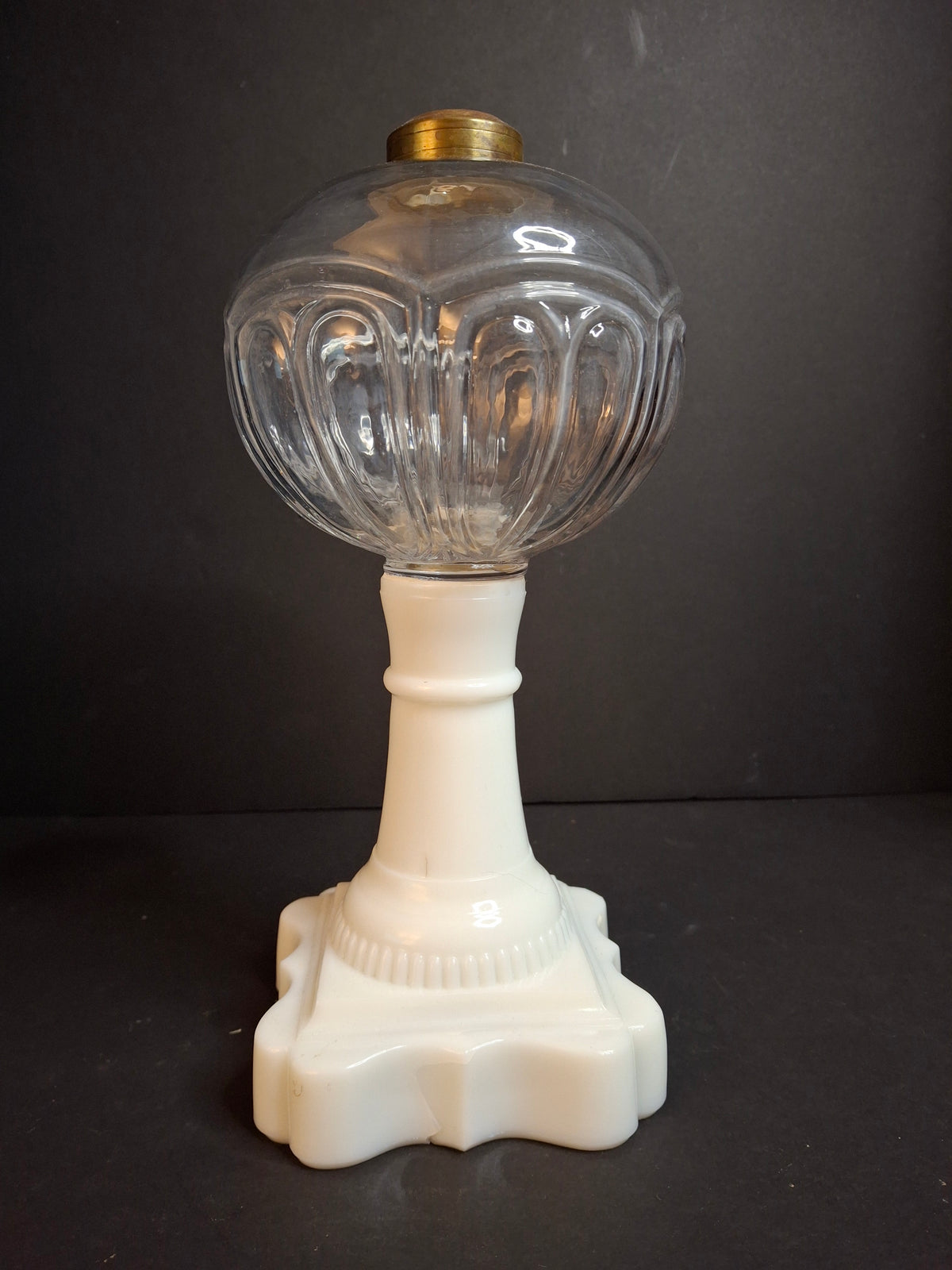 Antique Victorian Milk Glass & Clear Glass Font Oil Stand Lamp Patented 1874