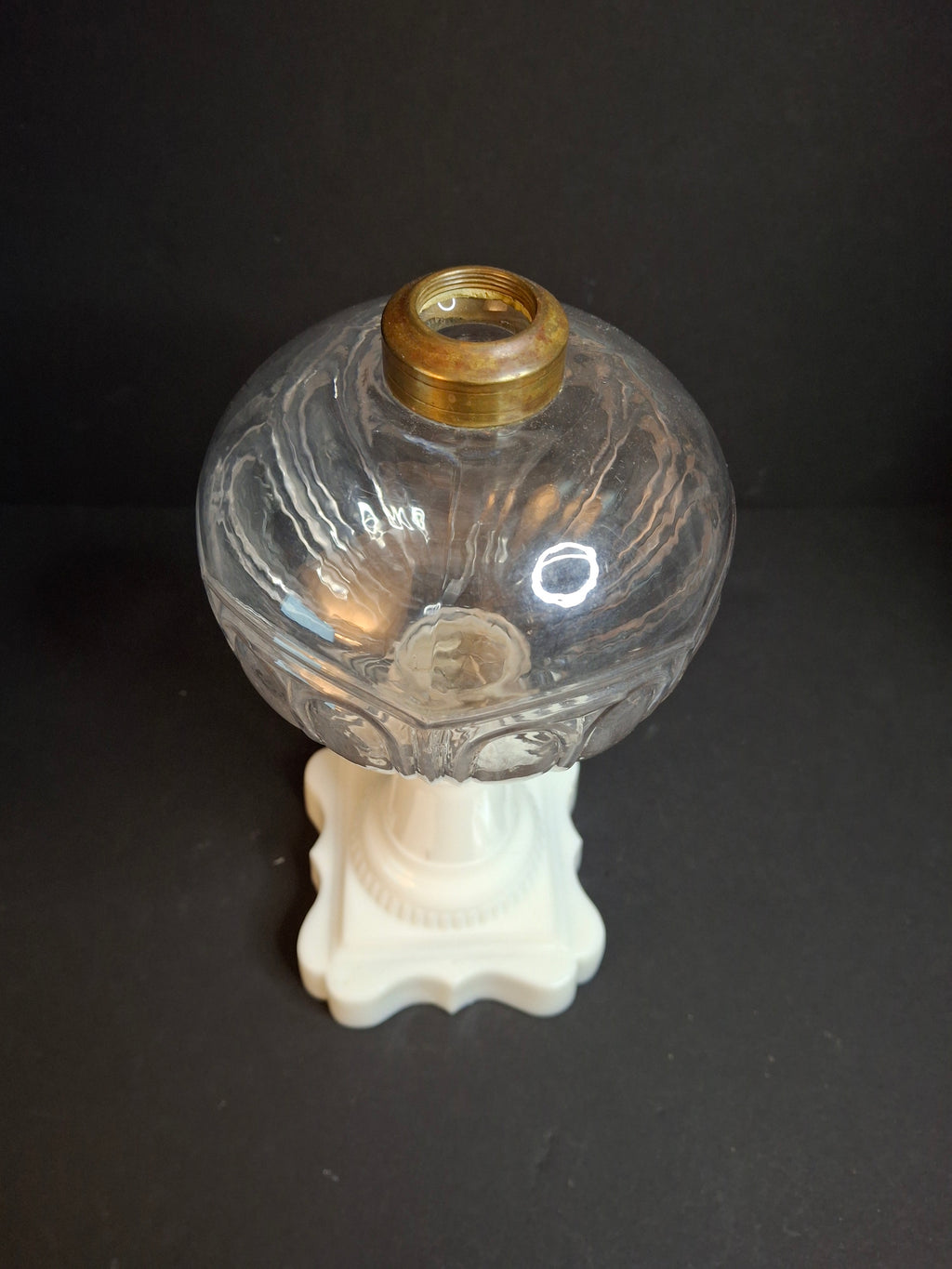 Antique Victorian Milk Glass & Clear Glass Font Oil Stand Lamp Patented 1874