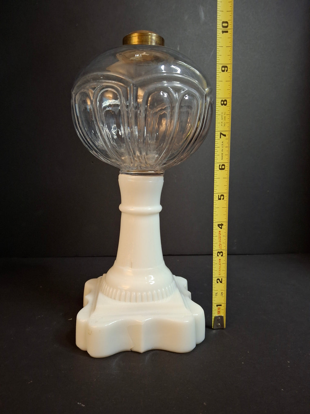 Antique Victorian Milk Glass & Clear Glass Font Oil Stand Lamp Patented 1874