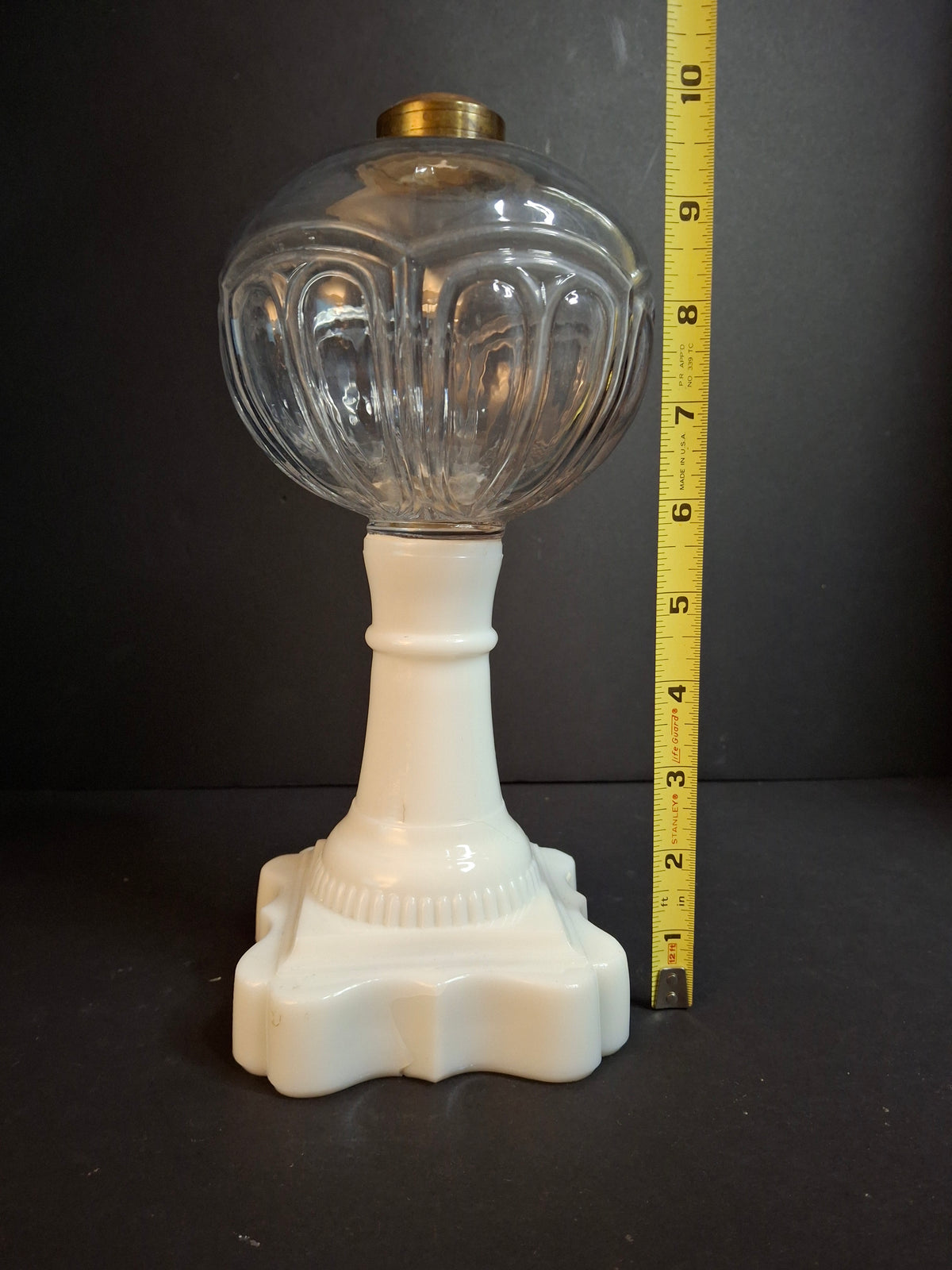Antique Victorian Milk Glass & Clear Glass Font Oil Stand Lamp Patented 1874
