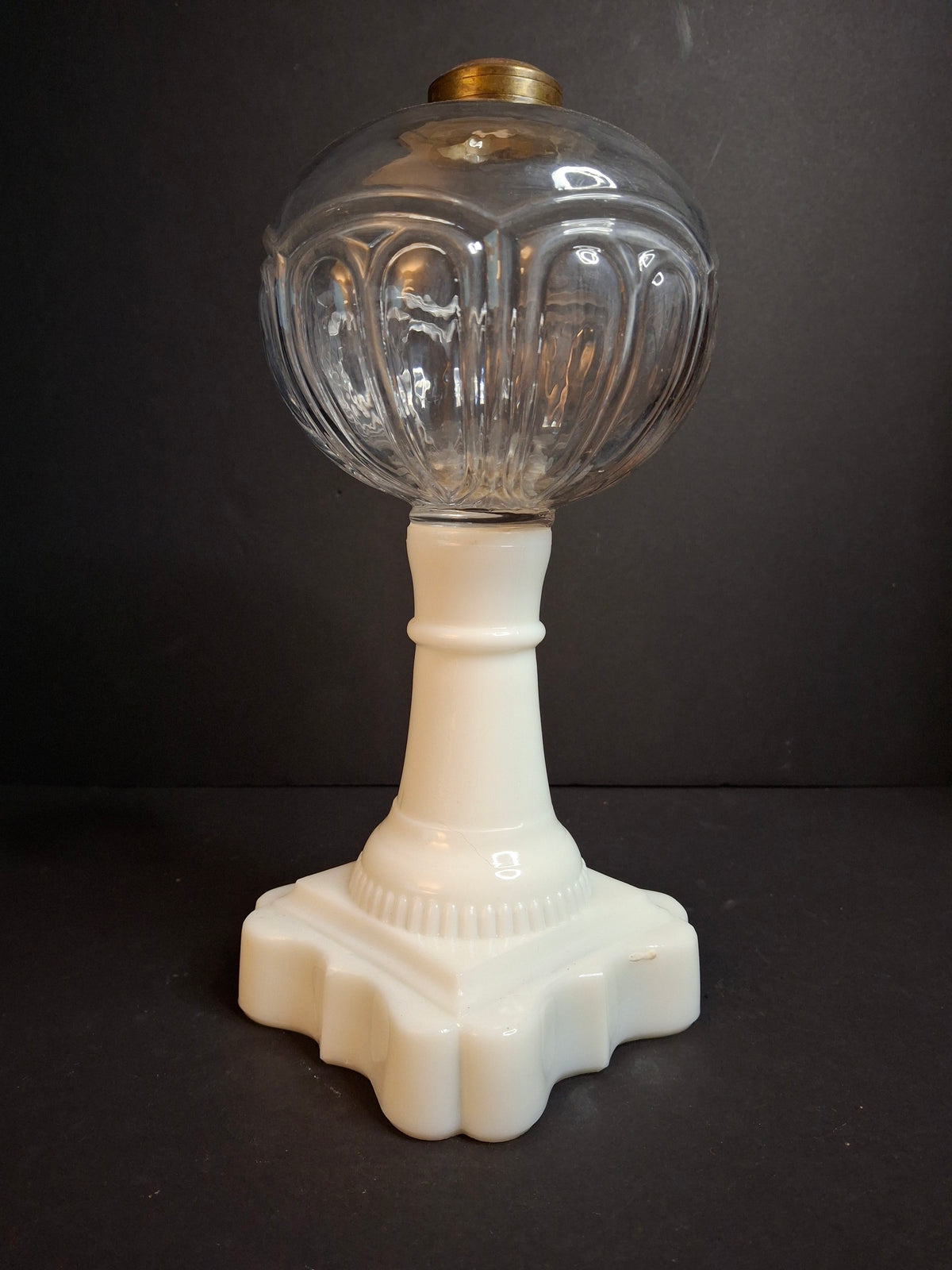 Antique Victorian Milk Glass & Clear Glass Font Oil Stand Lamp Patented 1874