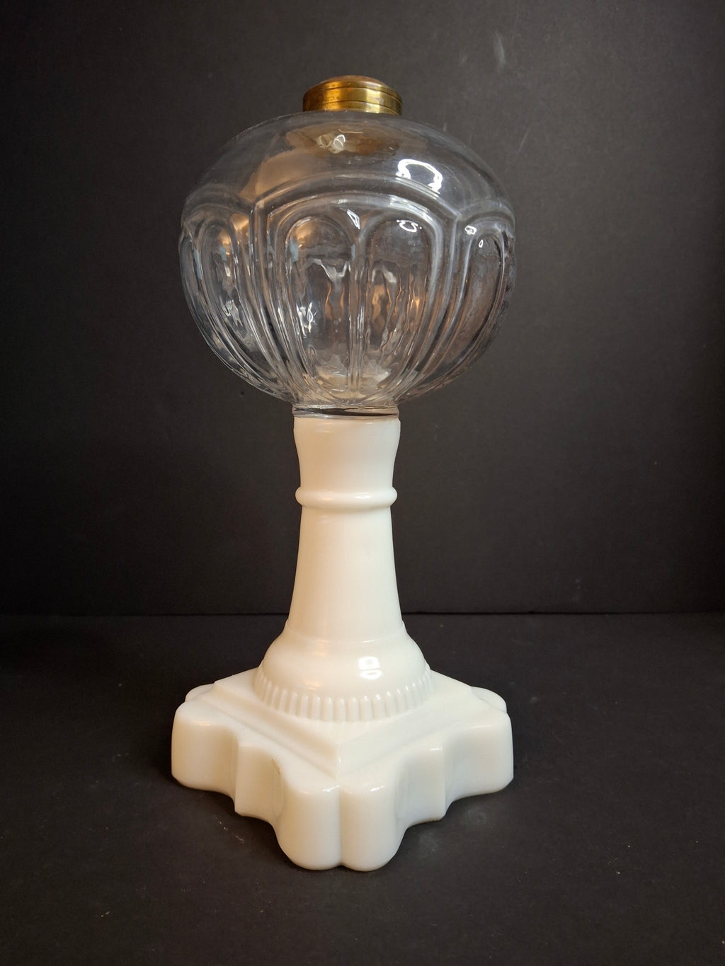 Antique Victorian Milk Glass & Clear Glass Font Oil Stand Lamp Patented 1874