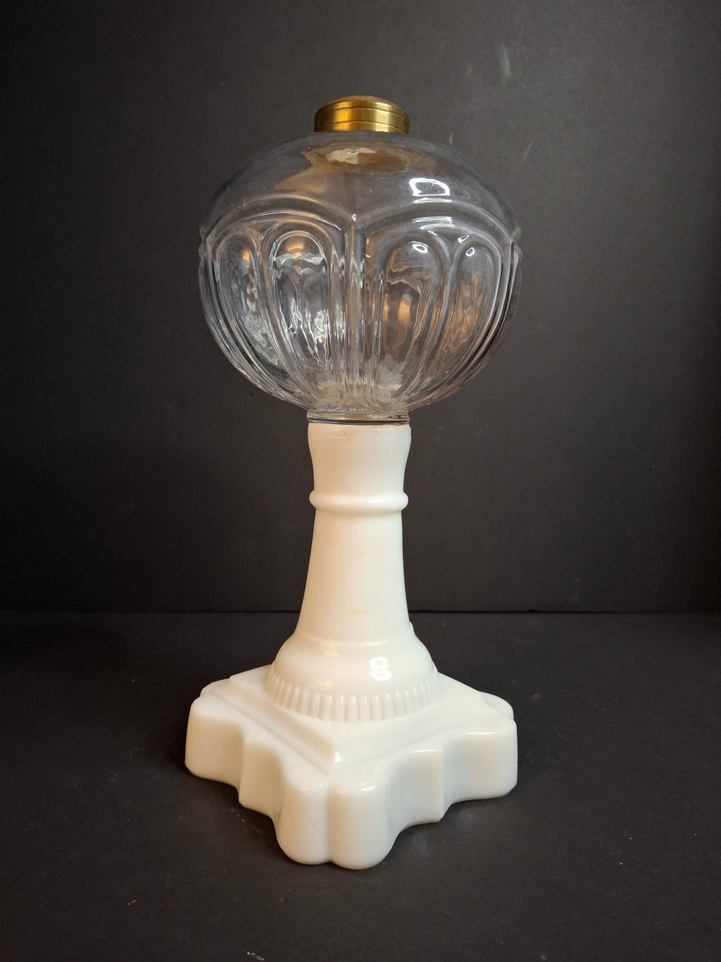 Antique Victorian Milk Glass & Clear Glass Font Oil Stand Lamp Patented 1874