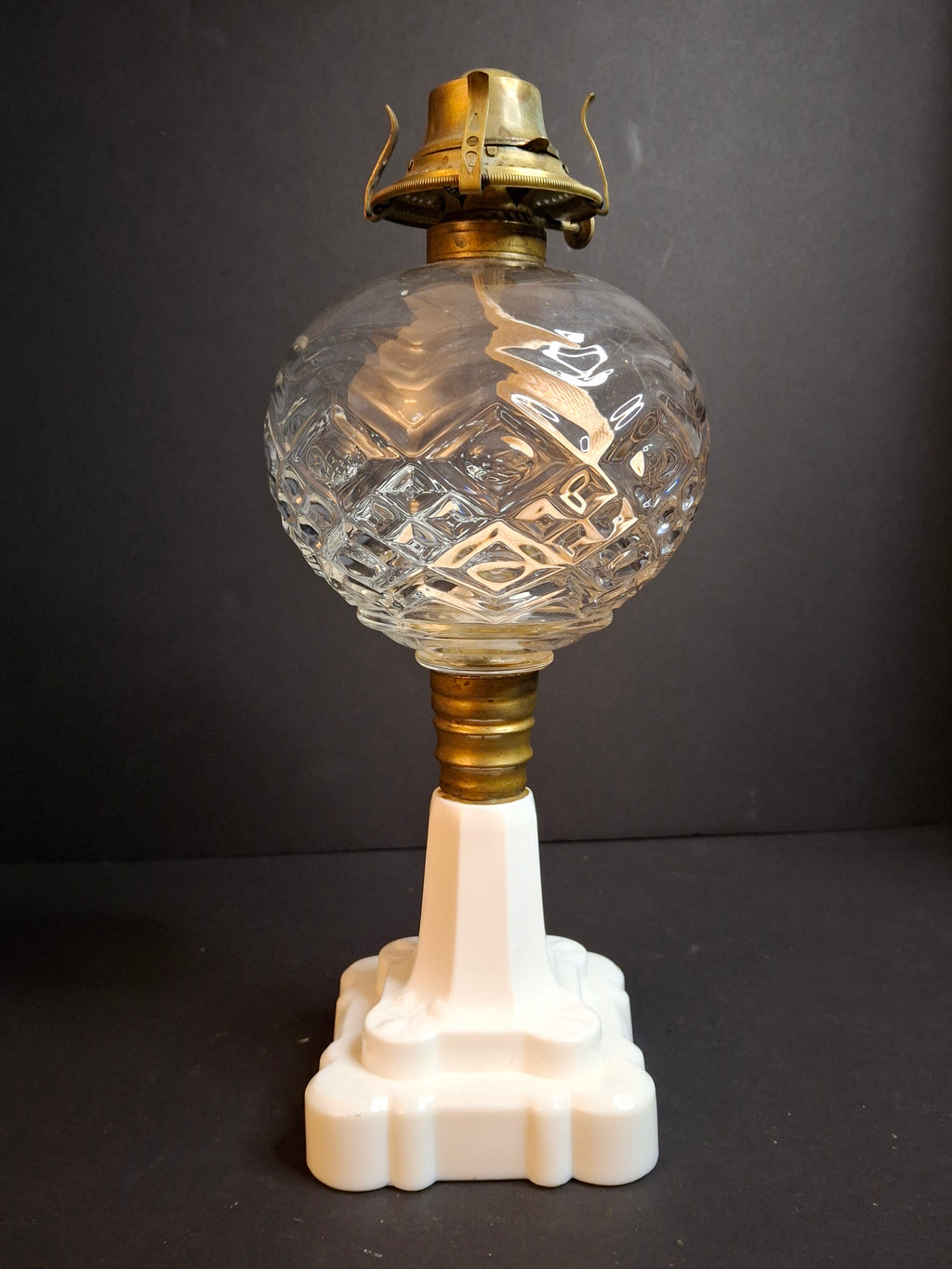 Antique Victorian Blackberry Milk Glass Base Diamond Font Oil Lamp 1868 Burner