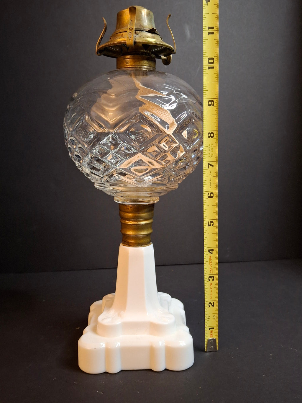 Antique Victorian Blackberry Milk Glass Base Diamond Font Oil Lamp 1868 Burner