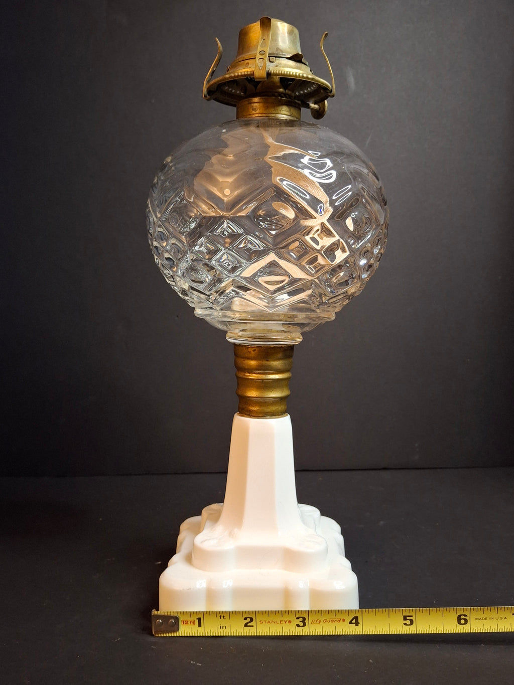 Antique Victorian Blackberry Milk Glass Base Diamond Font Oil Lamp 1868 Burner