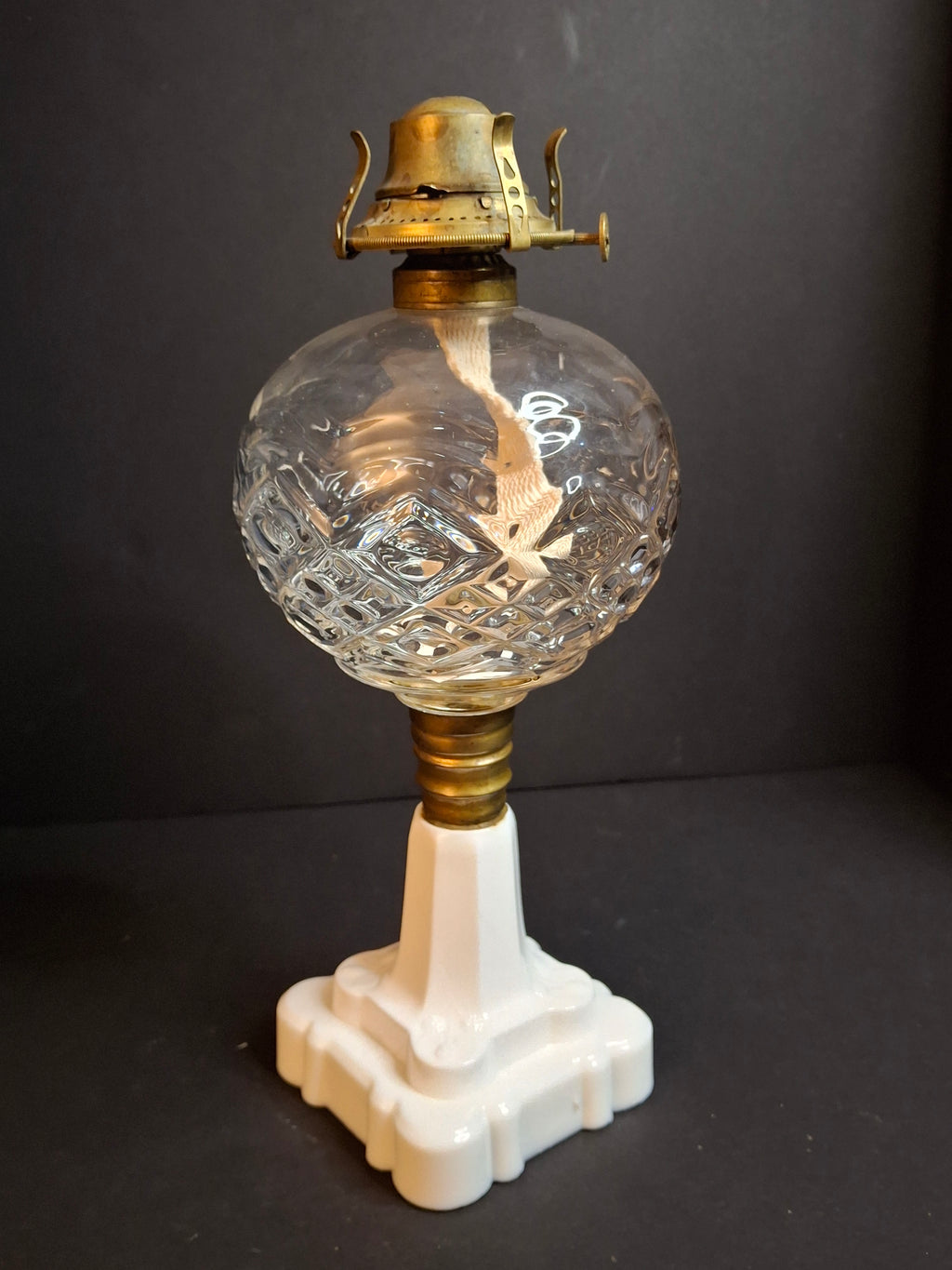 Antique Victorian Blackberry Milk Glass Base Diamond Font Oil Lamp 1868 Burner