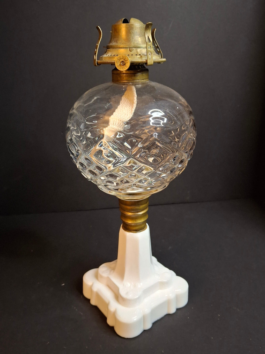 Antique Victorian Blackberry Milk Glass Base Diamond Font Oil Lamp 1868 Burner