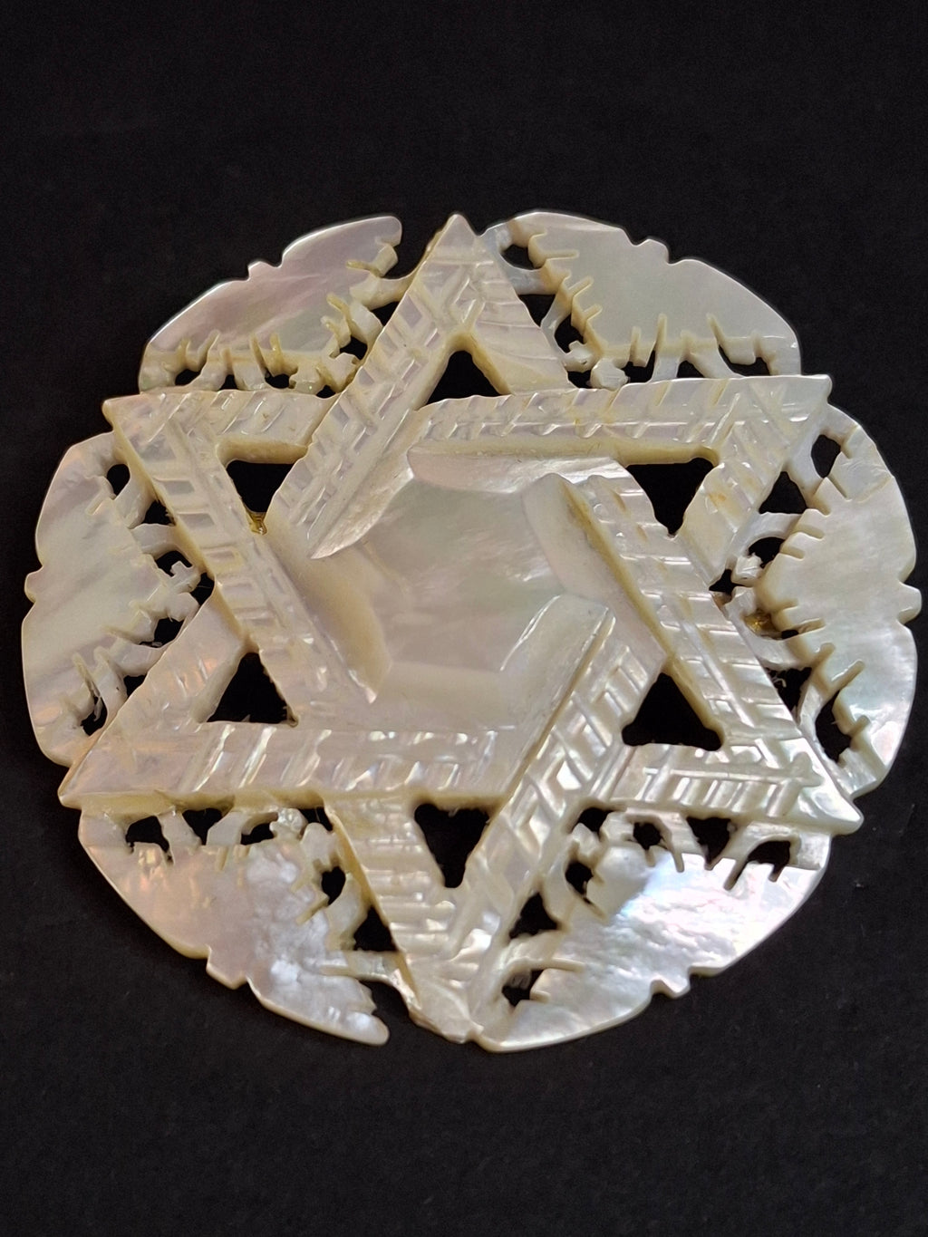 Vintage Bethlehem Israel Hand Carved Mother of Pearl Star of David Brooch Pin Openwork Nacre 2 Inch Judaica