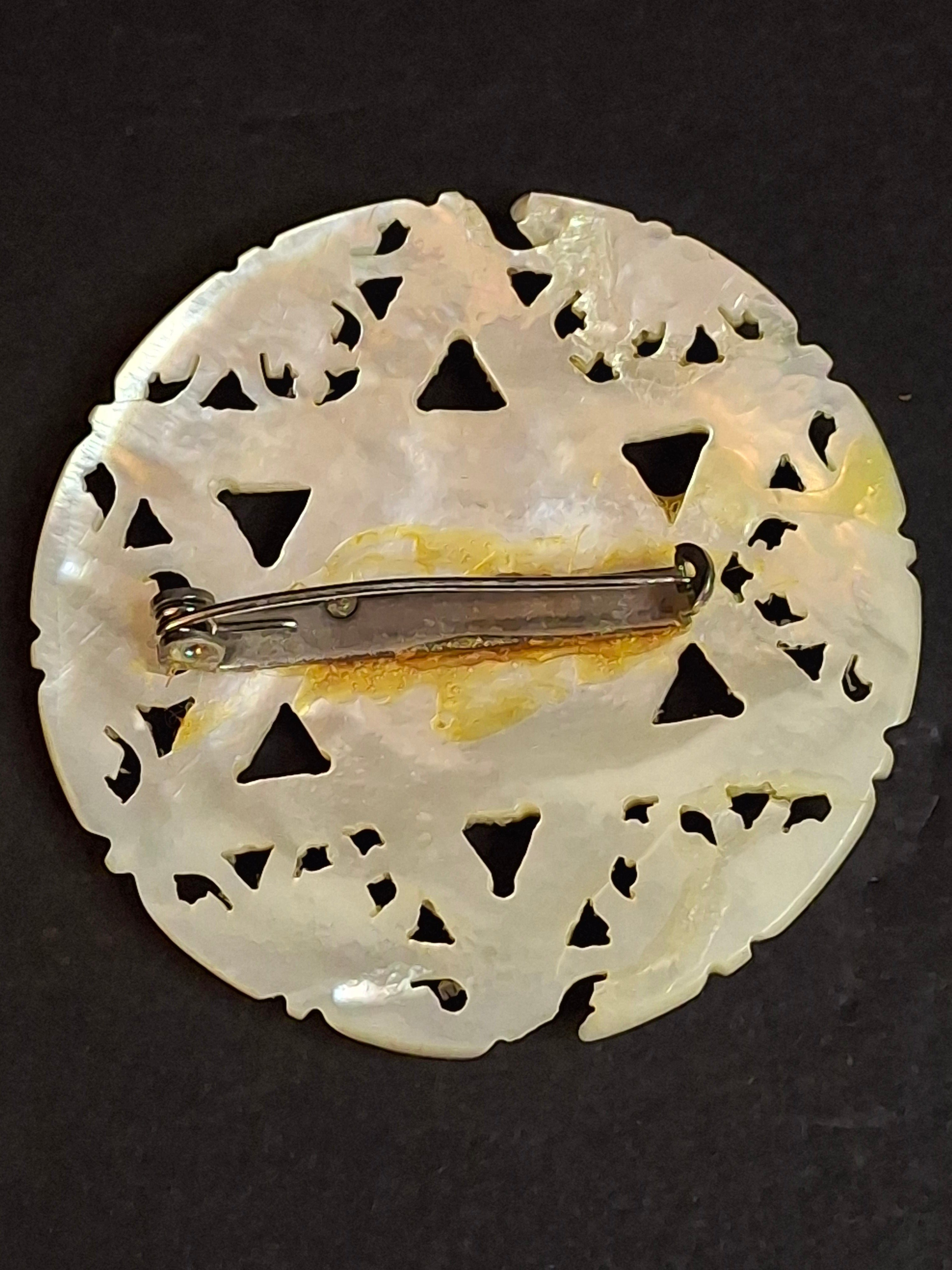 Vintage Bethlehem Israel Hand Carved Mother of Pearl Star of David Brooch Pin Openwork Nacre 2 Inch Judaica
