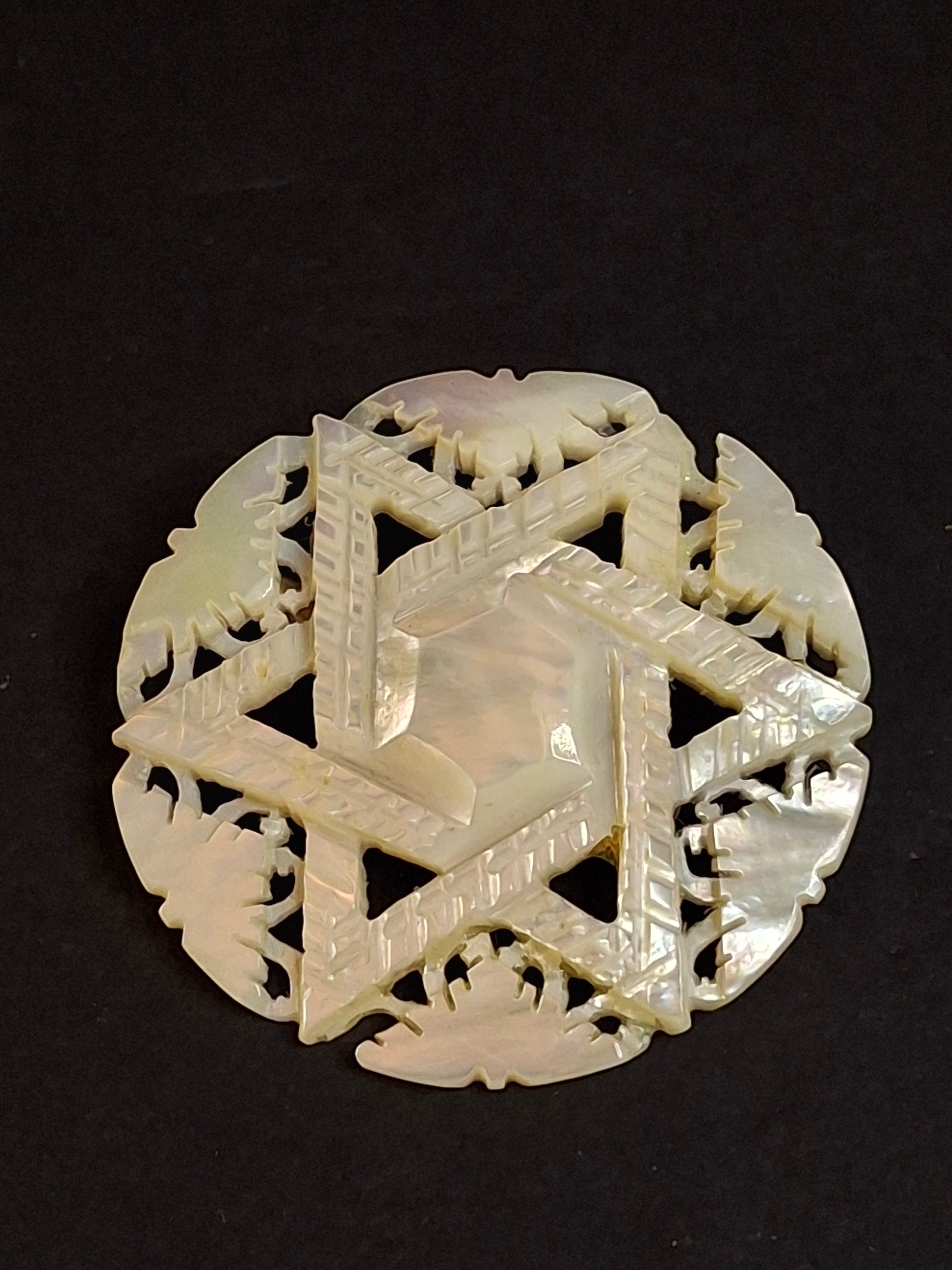 Vintage Bethlehem Israel Hand Carved Mother of Pearl Star of David Brooch Pin Openwork Nacre 2 Inch Judaica