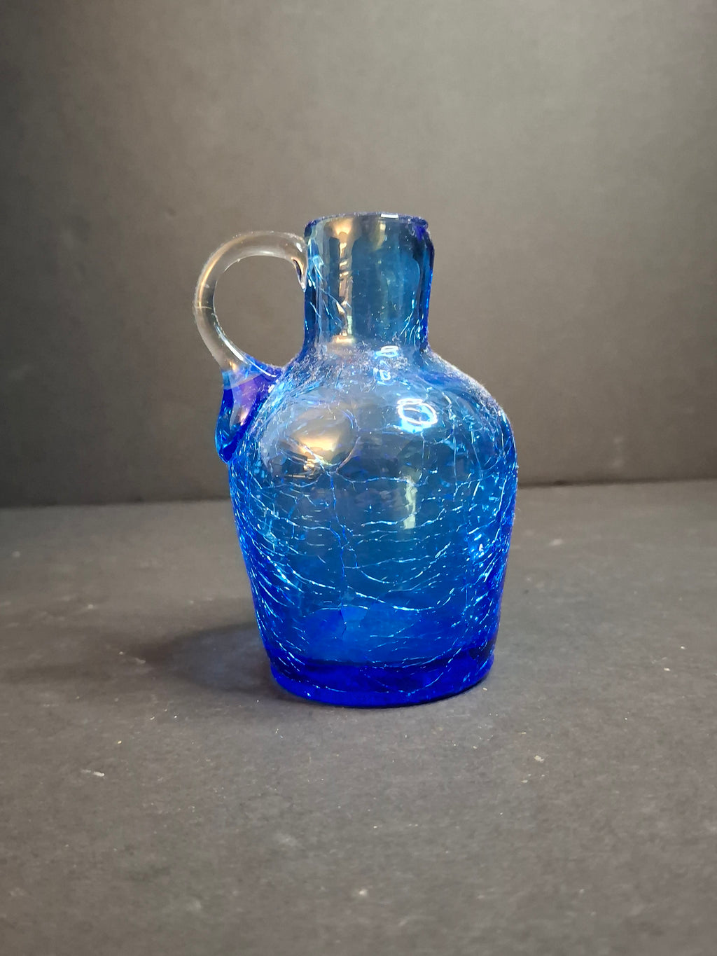 MCM Blue Crackle Glass Miniature Pitcher Jug Hand Blown Applied Clear Handle 4"