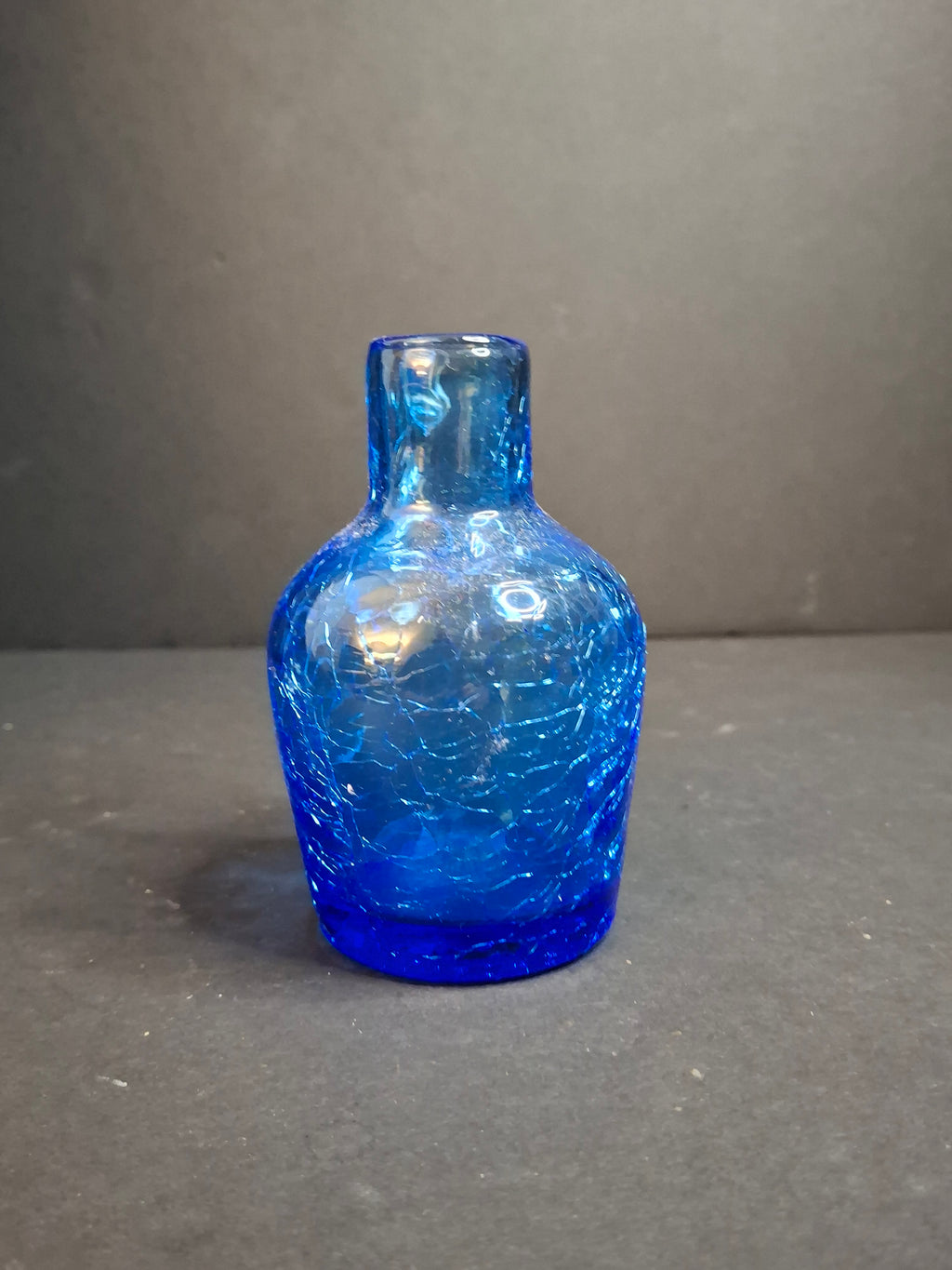 MCM Blue Crackle Glass Miniature Pitcher Jug Hand Blown Applied Clear Handle 4"