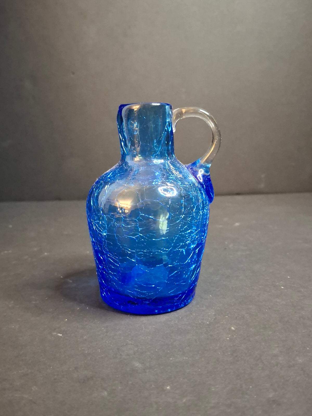 MCM Blue Crackle Glass Miniature Pitcher Jug Hand Blown Applied Clear Handle 4"