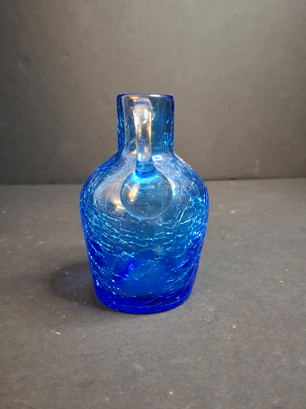 MCM Blue Crackle Glass Miniature Pitcher Jug Hand Blown Applied Clear Handle 4"