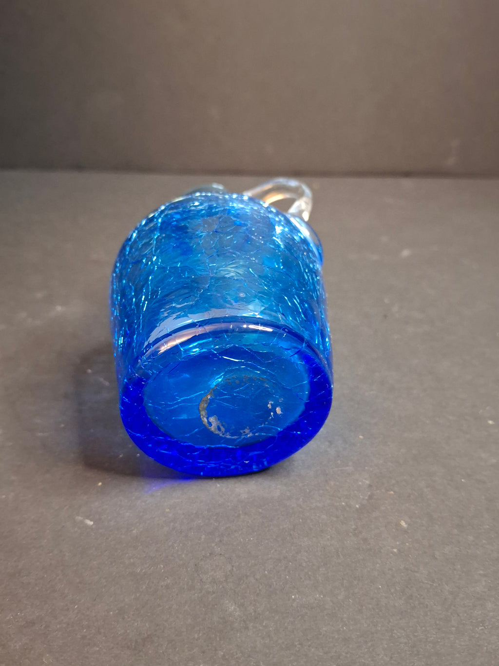 MCM Blue Crackle Glass Miniature Pitcher Jug Hand Blown Applied Clear Handle 4"