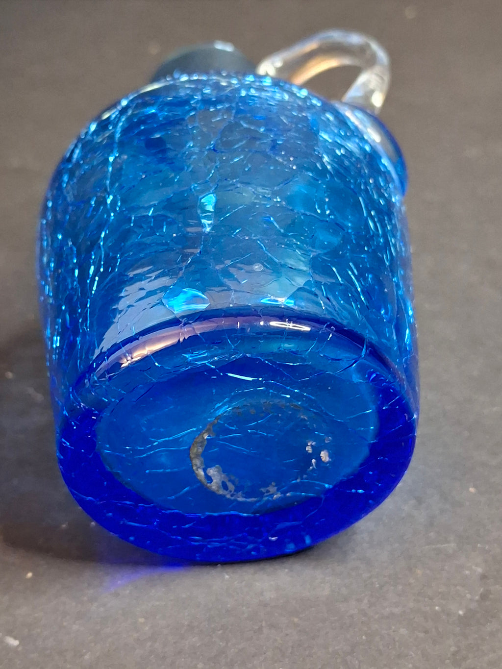 MCM Blue Crackle Glass Miniature Pitcher Jug Hand Blown Applied Clear Handle 4"