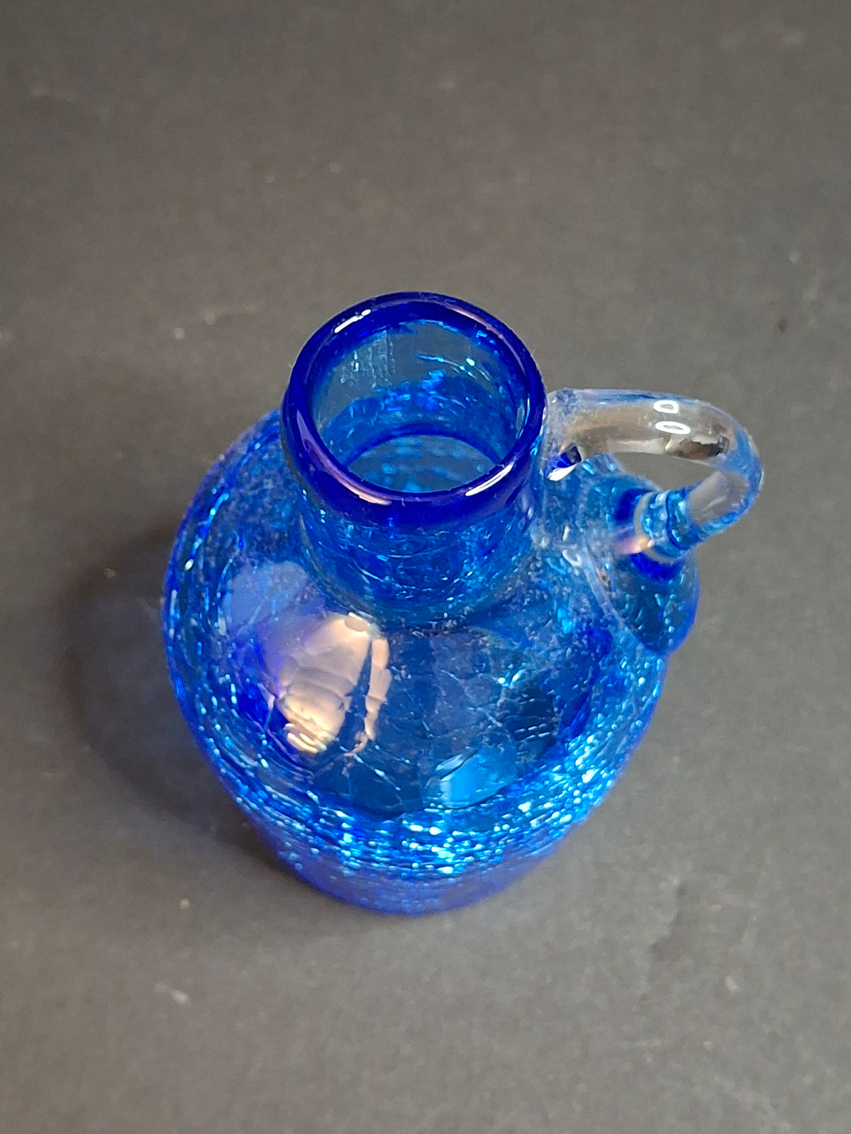 MCM Blue Crackle Glass Miniature Pitcher Jug Hand Blown Applied Clear Handle 4"