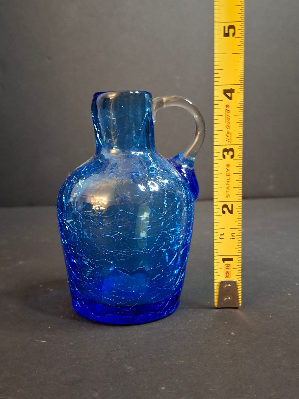MCM Blue Crackle Glass Miniature Pitcher Jug Hand Blown Applied Clear Handle 4"