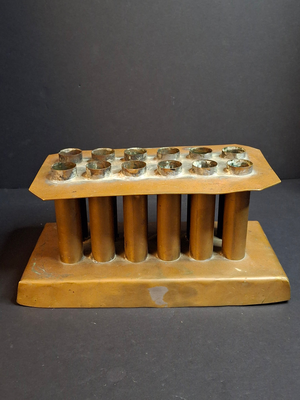 Ultra Rare Antique Late 18th Century Heavy Brass 12 Tube Candle Mold Primitive Corks 5x10
