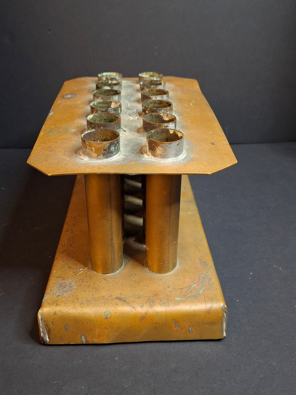 Ultra Rare Antique Late 18th Century Heavy Brass 12 Tube Candle Mold Primitive Corks 5x10