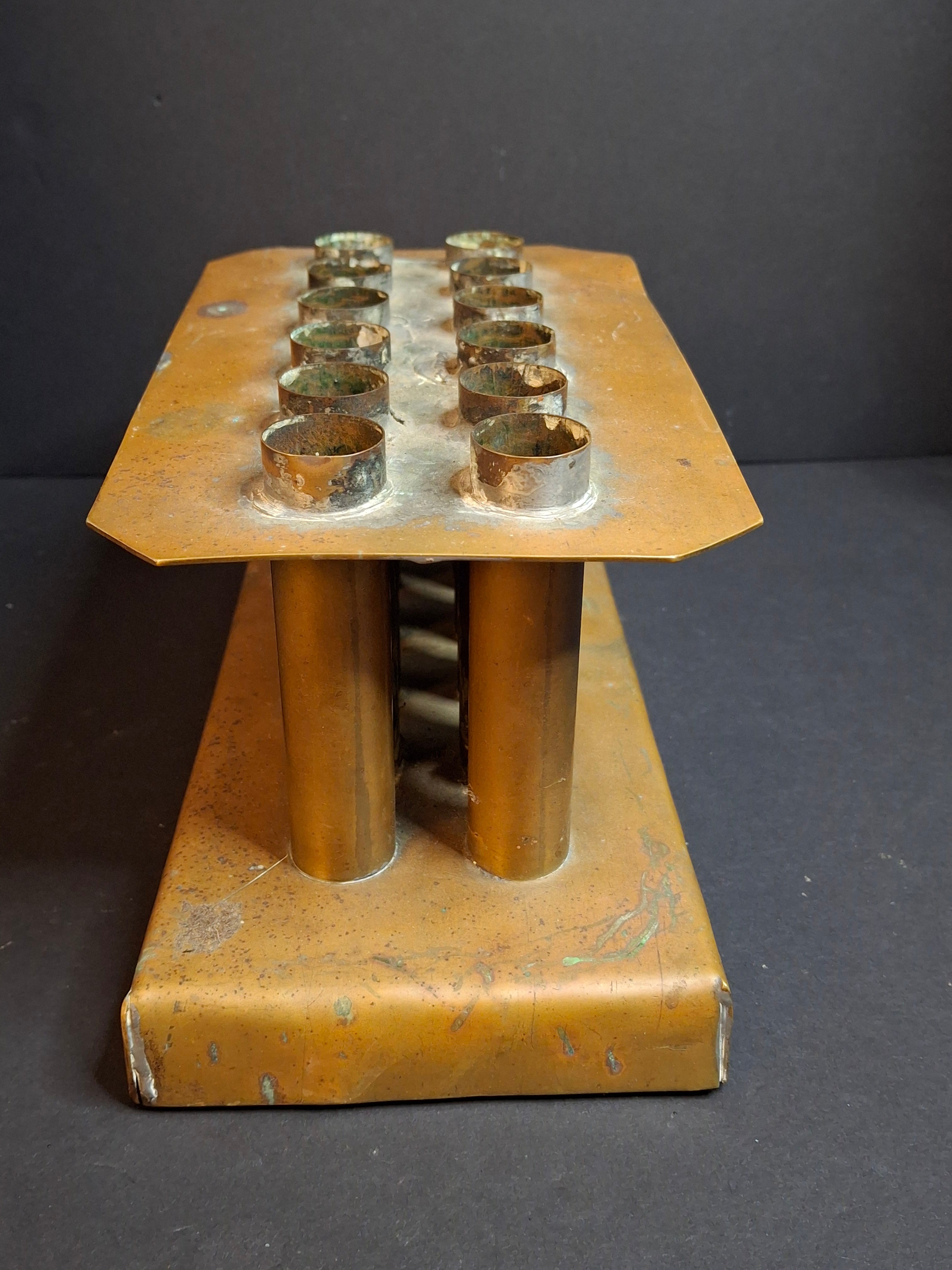 Ultra Rare Antique Late 18th Century Heavy Brass 12 Tube Candle Mold Primitive Corks 5x10