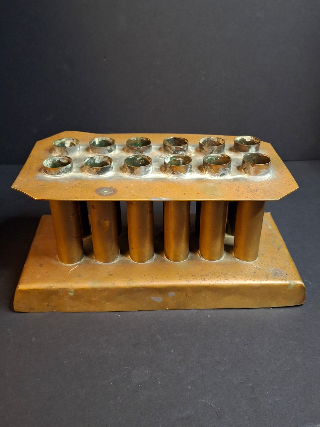 Ultra Rare Antique Late 18th Century Heavy Brass 12 Tube Candle Mold Primitive Corks 5x10