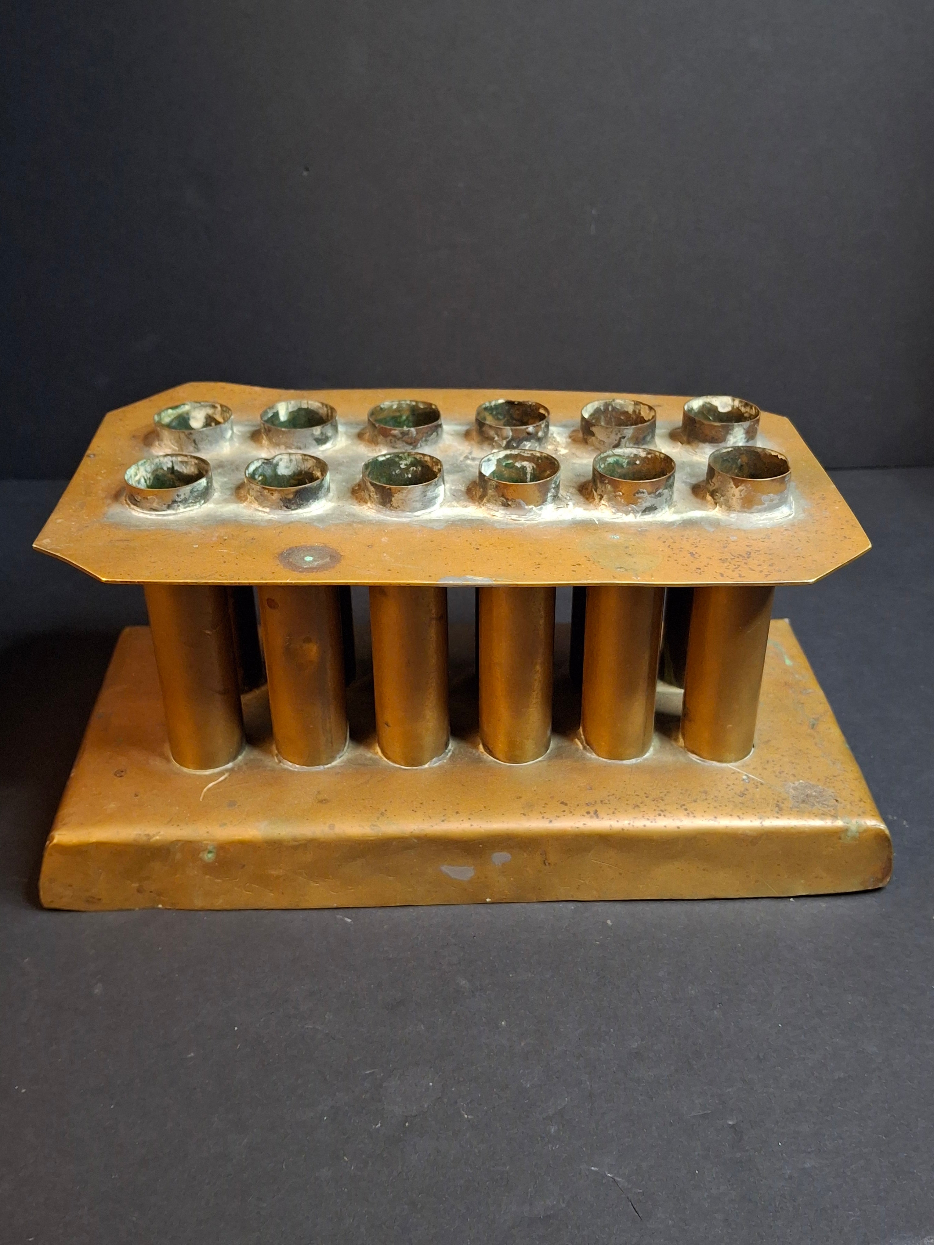 Ultra Rare Antique Late 18th Century Heavy Brass 12 Tube Candle Mold Primitive Corks 5x10