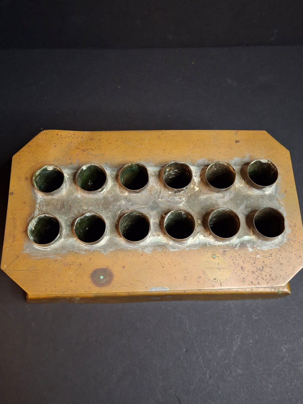 Ultra Rare Antique Late 18th Century Heavy Brass 12 Tube Candle Mold Primitive Corks 5x10