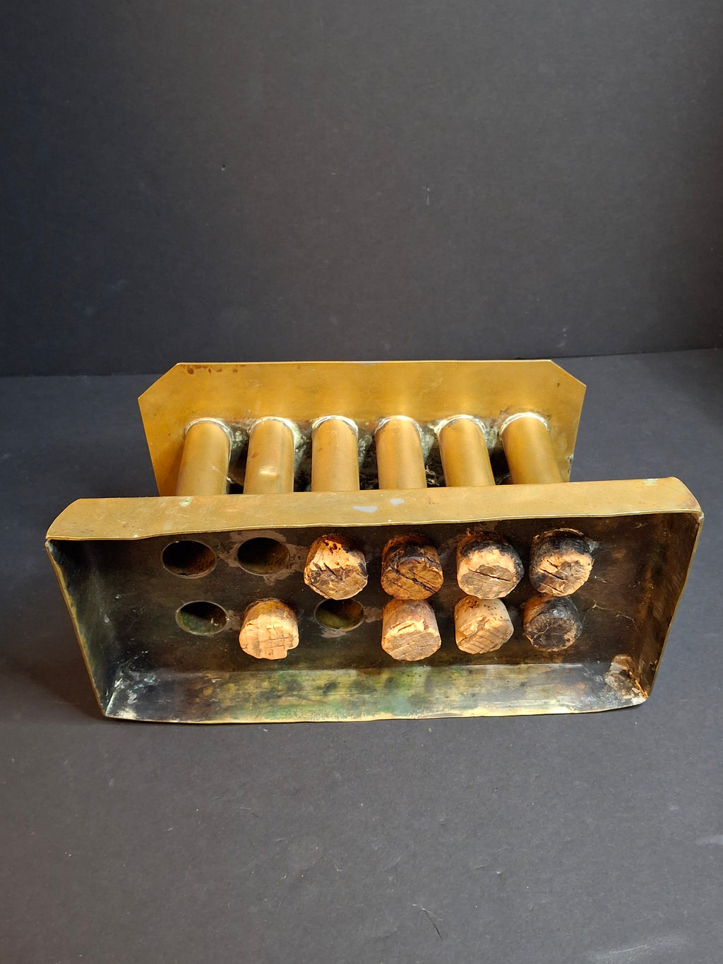 Ultra Rare Antique Late 18th Century Heavy Brass 12 Tube Candle Mold Primitive Corks 5x10