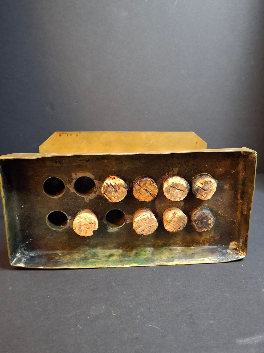 Ultra Rare Antique Late 18th Century Heavy Brass 12 Tube Candle Mold Primitive Corks 5x10