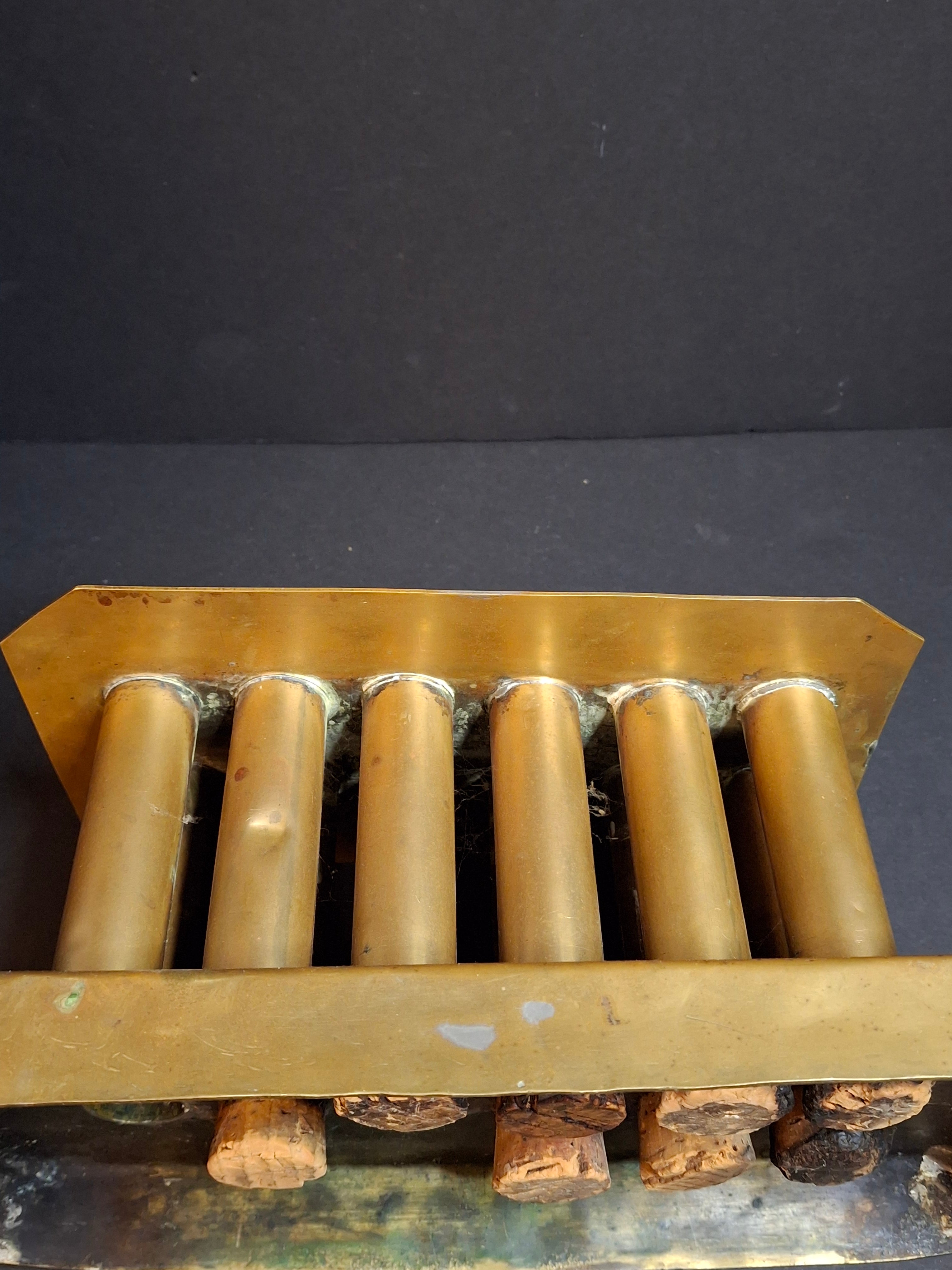 Ultra Rare Antique Late 18th Century Heavy Brass 12 Tube Candle Mold Primitive Corks 5x10